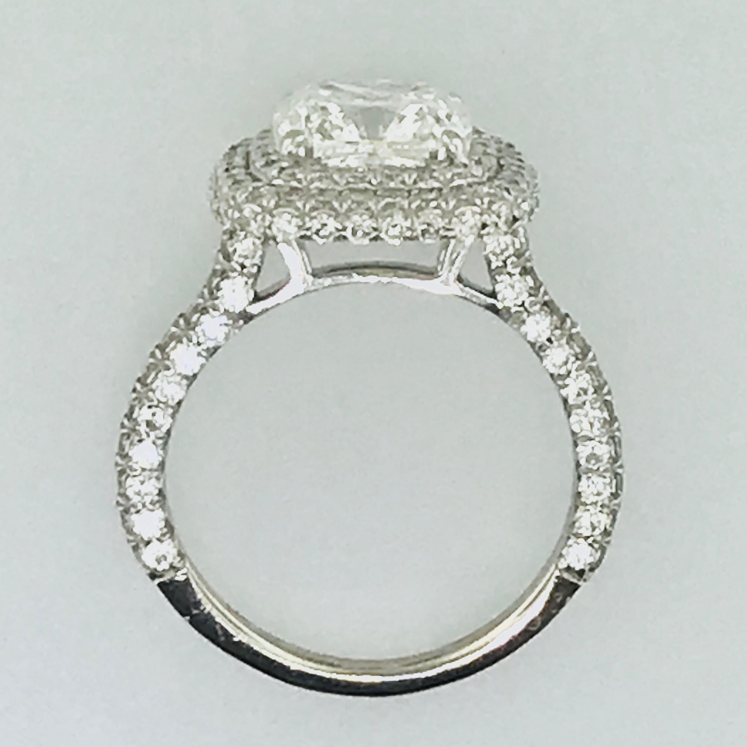 2.5 Carat Cushion Diamond Double Halo Pave Cathedral Engagement Ring In New Condition In Austin, TX