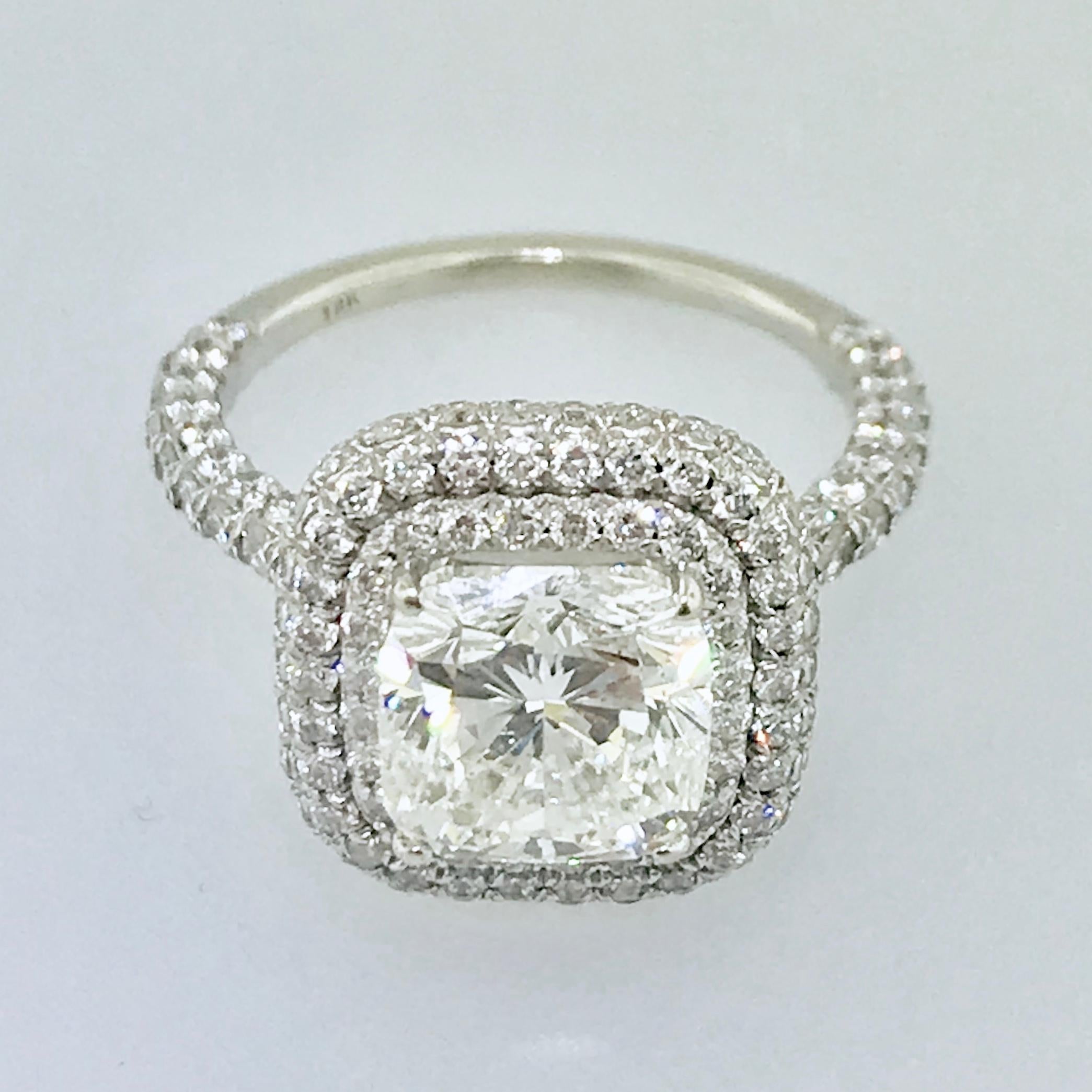 Women's 2.5 Carat Cushion Diamond Double Halo Pave Cathedral Engagement Ring