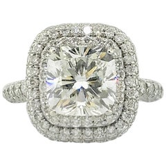 2.5 Carat Cushion Diamond Double Halo Pave Cathedral Engagement Ring