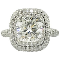 2.5 Carat Cushion Diamond Double Halo Pave Cathedral Engagement Ring