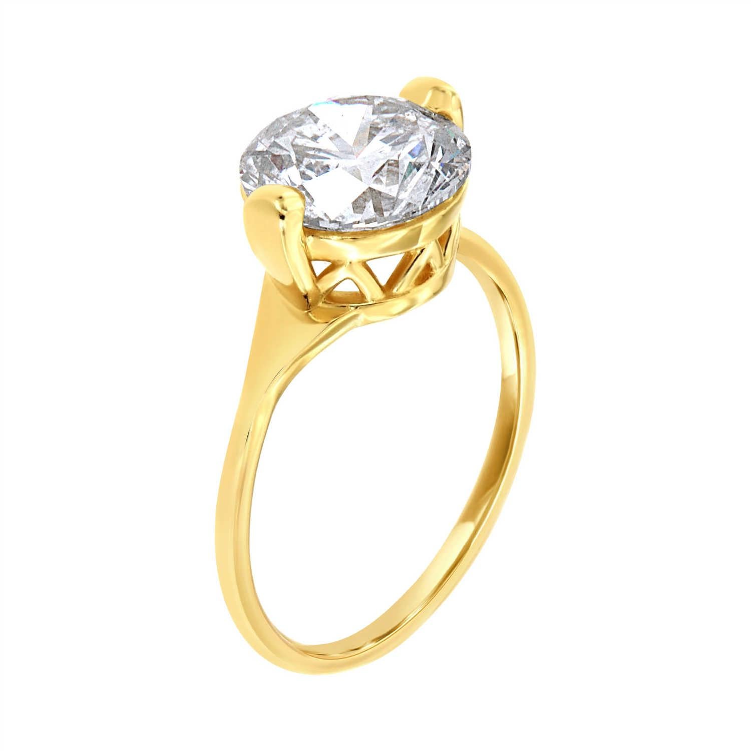 This unique 14k yellow gold solitaire setting features a 3.01-carat round diamond EGL USA certificate number: US 924372901D set in a crown with two prongs on top of a very delicate 1.4mm wide band. The EGL Graded this diamond as G in color and SI3