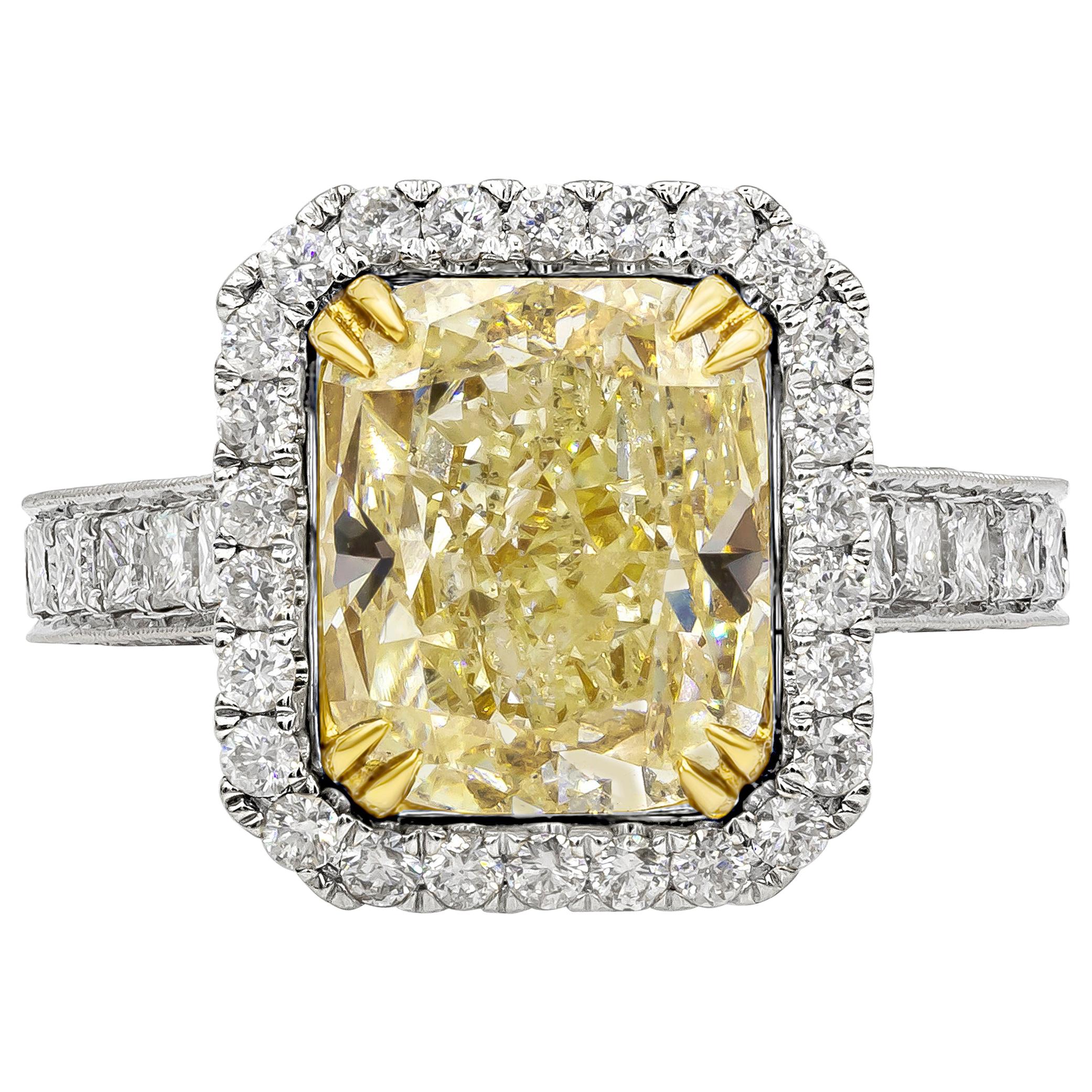 EGL USA Certified 5.07 Carats Cushion Cut Yellow Diamond Halo Engagement Ring For Sale