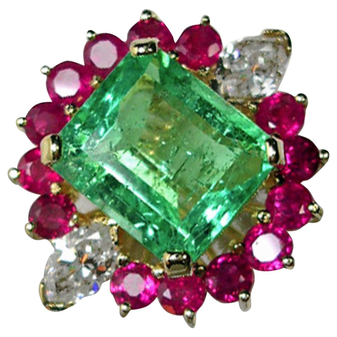 EGL USA Certified 7.14 Carat Emerald Diamond & Ruby Cluster Cocktail Ring  For Sale