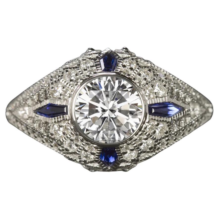 EGL-USA Certified G SI3 Transitional Cut Diamond Sapphire Art Deco Ring For Sale