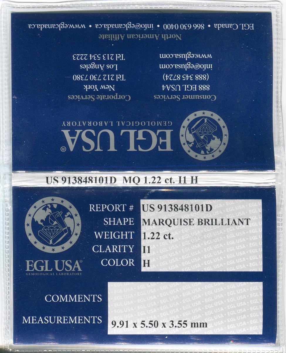 EGL USA Certified Loose Marquise Cut Diamond 1.22ct Excellent état - En vente à Laguna Beach, CA