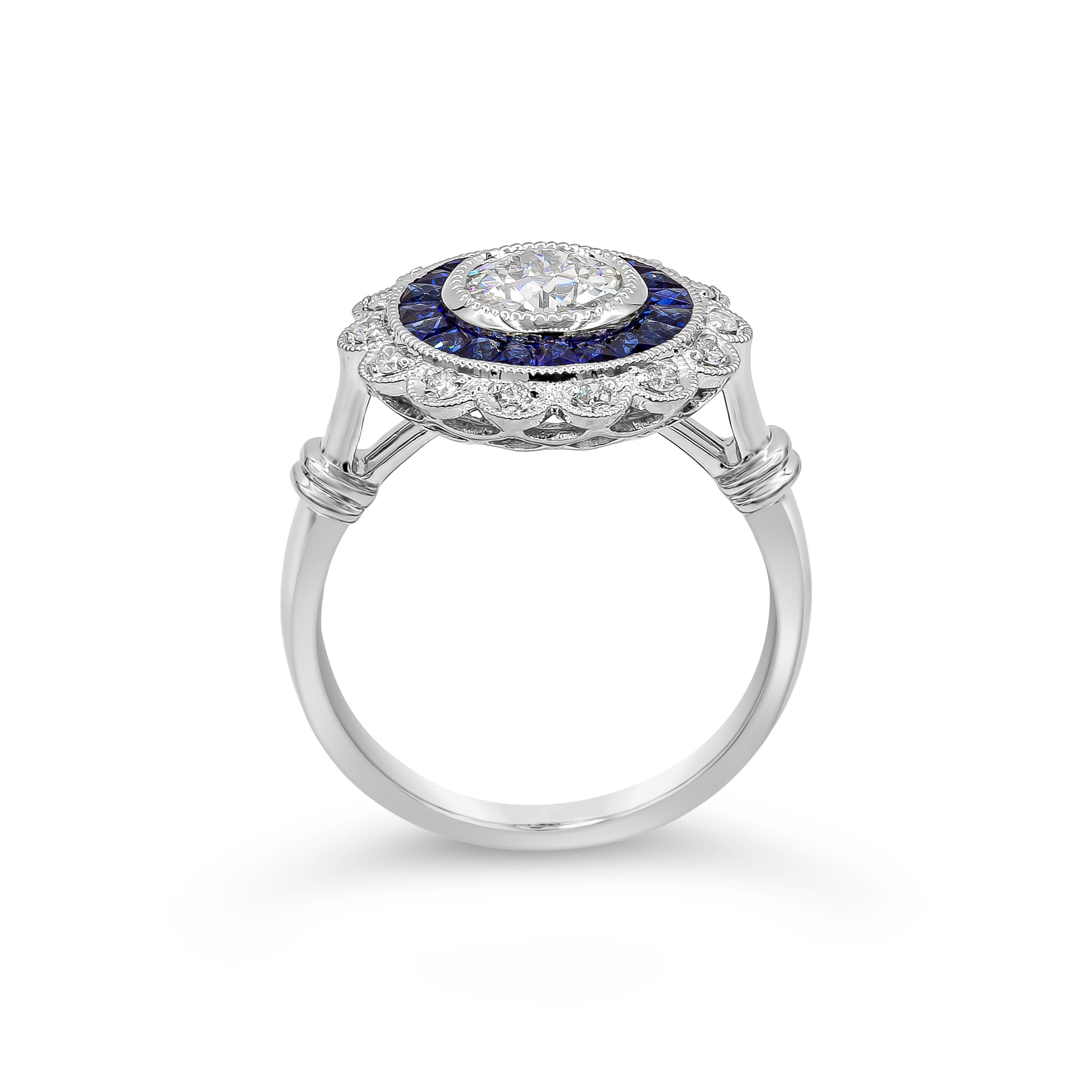 Contemporary EGL USA Certified Old European Cut Diamond and Sapphire Halo Engagement Ring