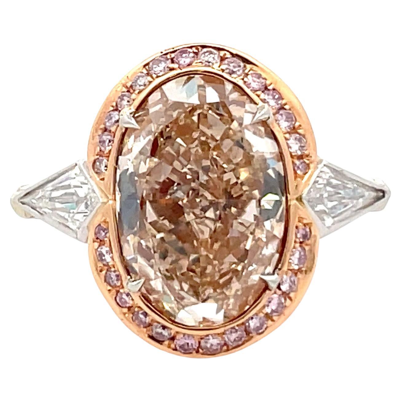 EGL USA Certified Oval Fancy Pinkish Brown Halo Diamond Ring 5.72 CTTW Platinum For Sale