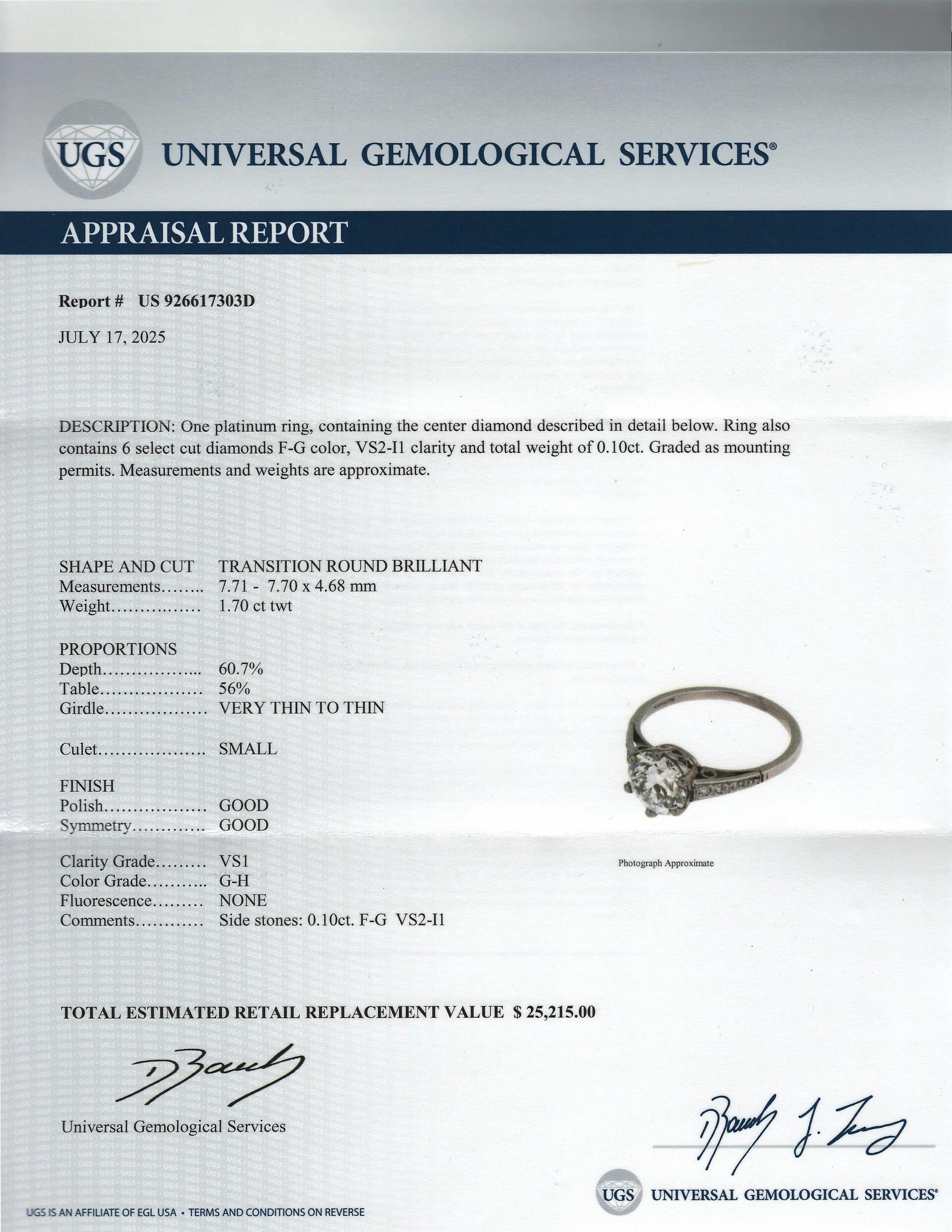 Art Déco Anello di fidanzamento in platino con diamante EGL Vintage da 1,70 carati, con taglio di transizione. in vendita