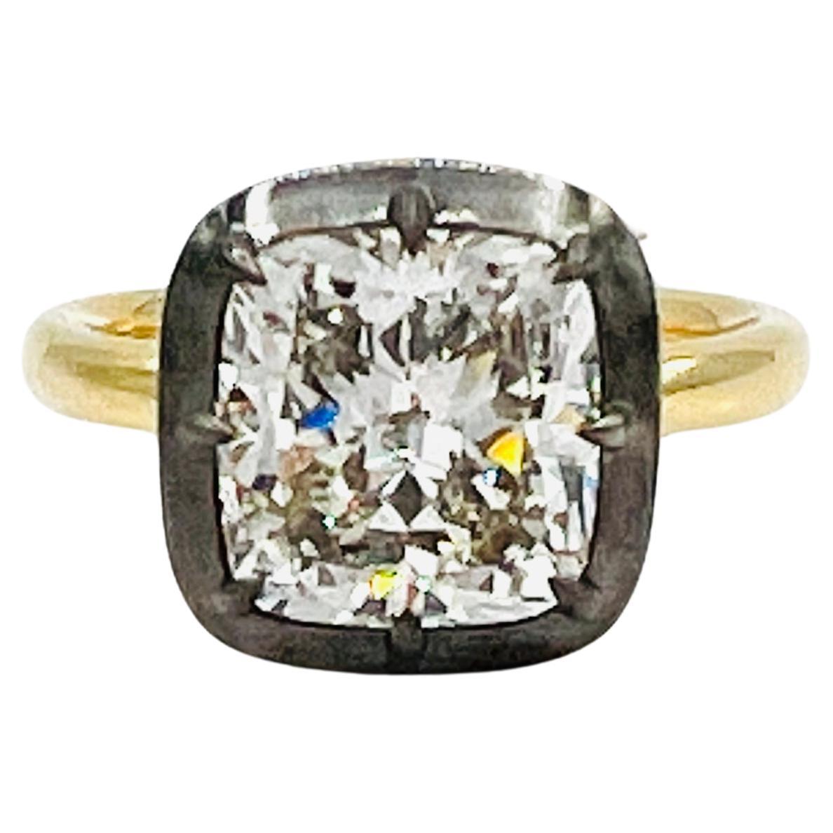 EGL White Diamond Cushion Ring in 18K Yellow Gold & Black Rhodium For Sale
