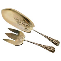 Eglantine, Gorham Sterling Silver Fish Serving Set Gold Washed with Strawberries
