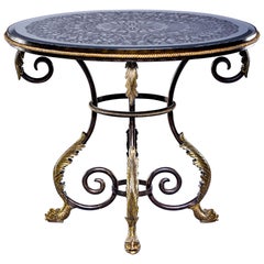 Eglomise and Iron Neoclassical Center Table with Gilded Bronze Dolphin Feet