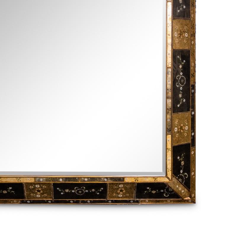 vintage monumental, beveled oversized alternating gold and black border eglomise mirror with etched floral and vine hand-painted detail
statement mirror, beautiful addition to your living room or above a fireplace!.