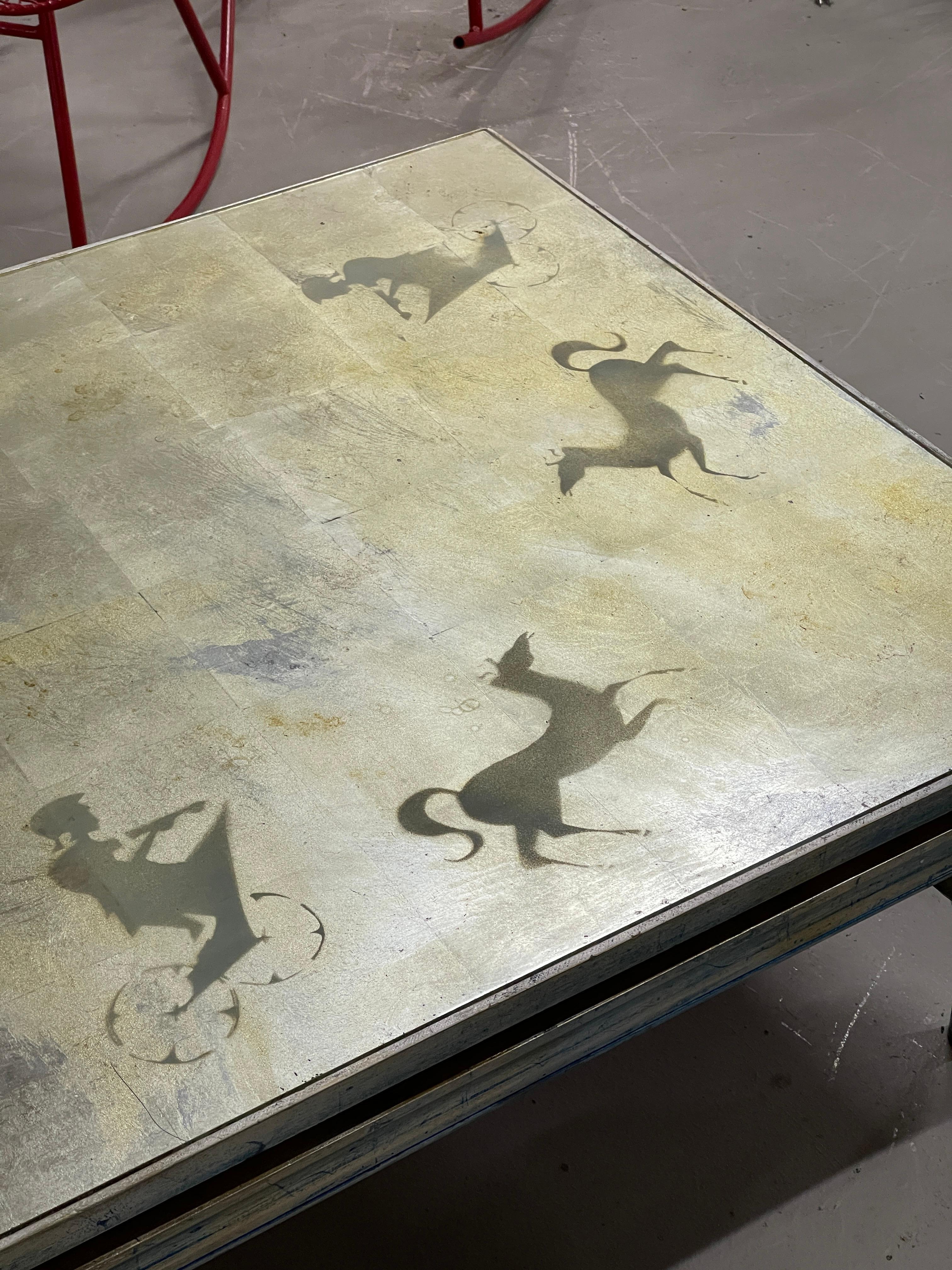 Hand-Crafted Eglomise Horse & Chariots Silver Leaf Table