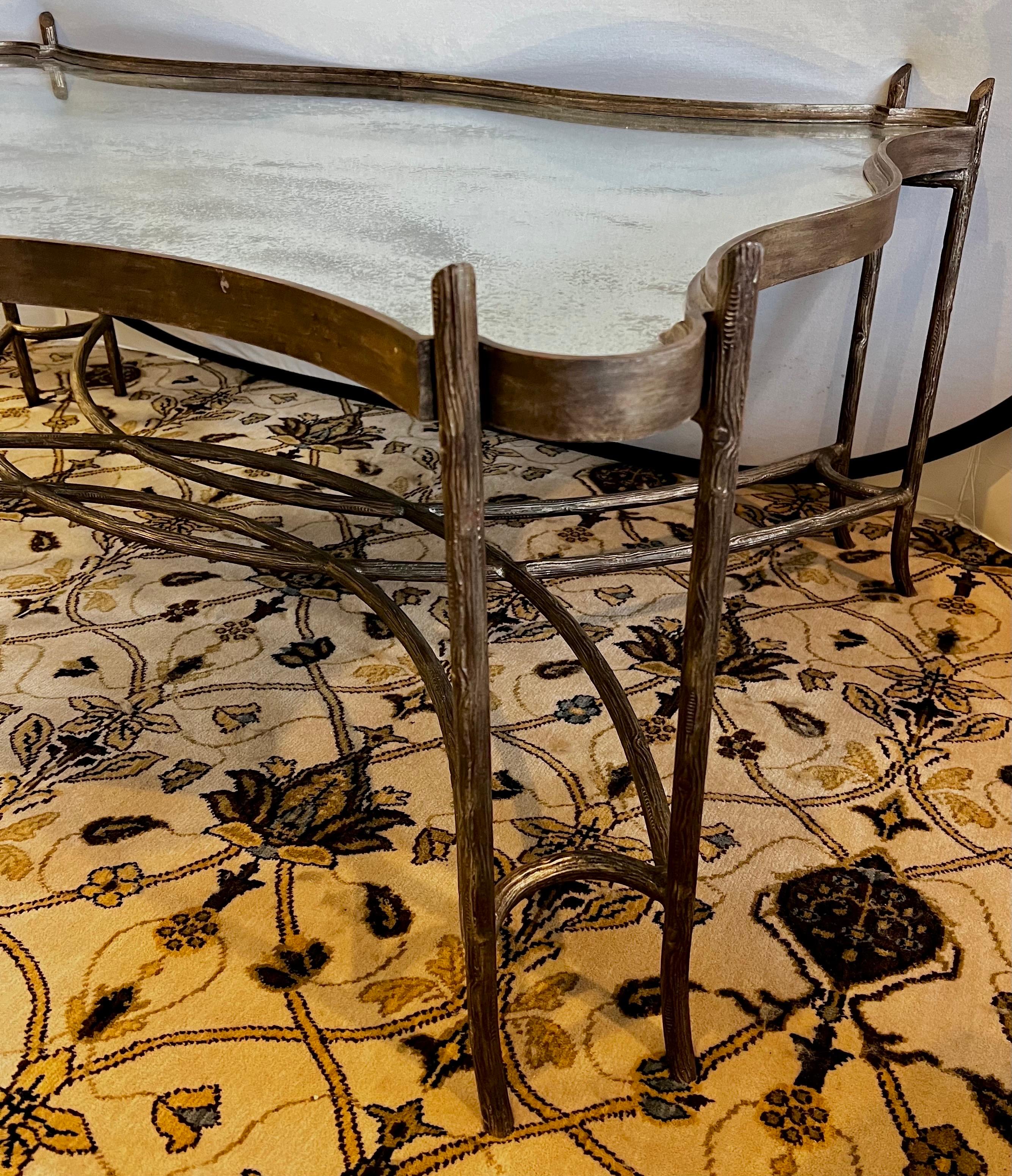 Eglomise Mirrored and Gilded Iron Faux Bois Coffee Cocktail Table Art Deco 2