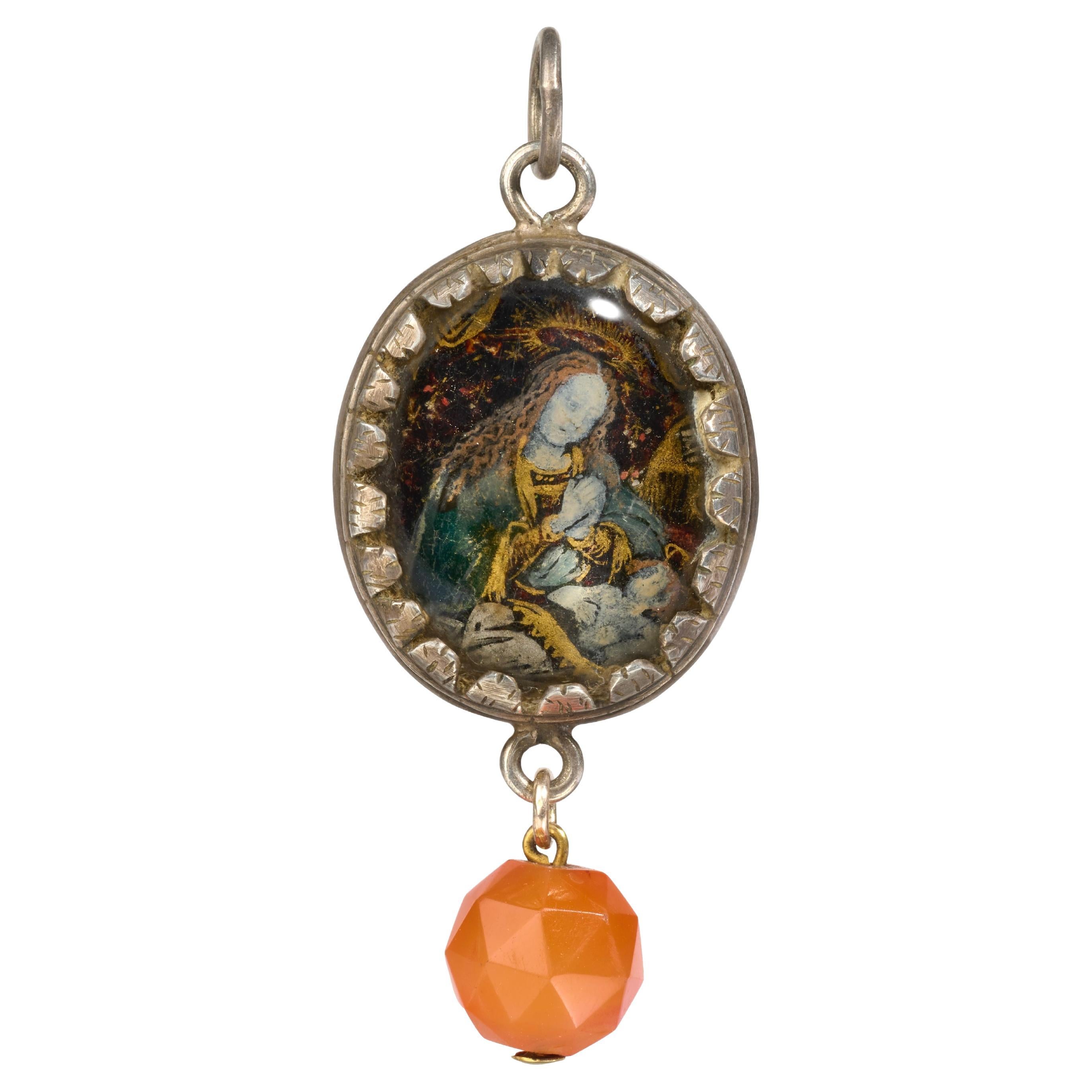 Eglomisé Pendant of the Virgin and Child with Reliquary. Spanish, 17th century For Sale