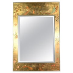 Églomisé Reverse Painted Chinoiserie Gold-Tone Wall Mirror by La Barge