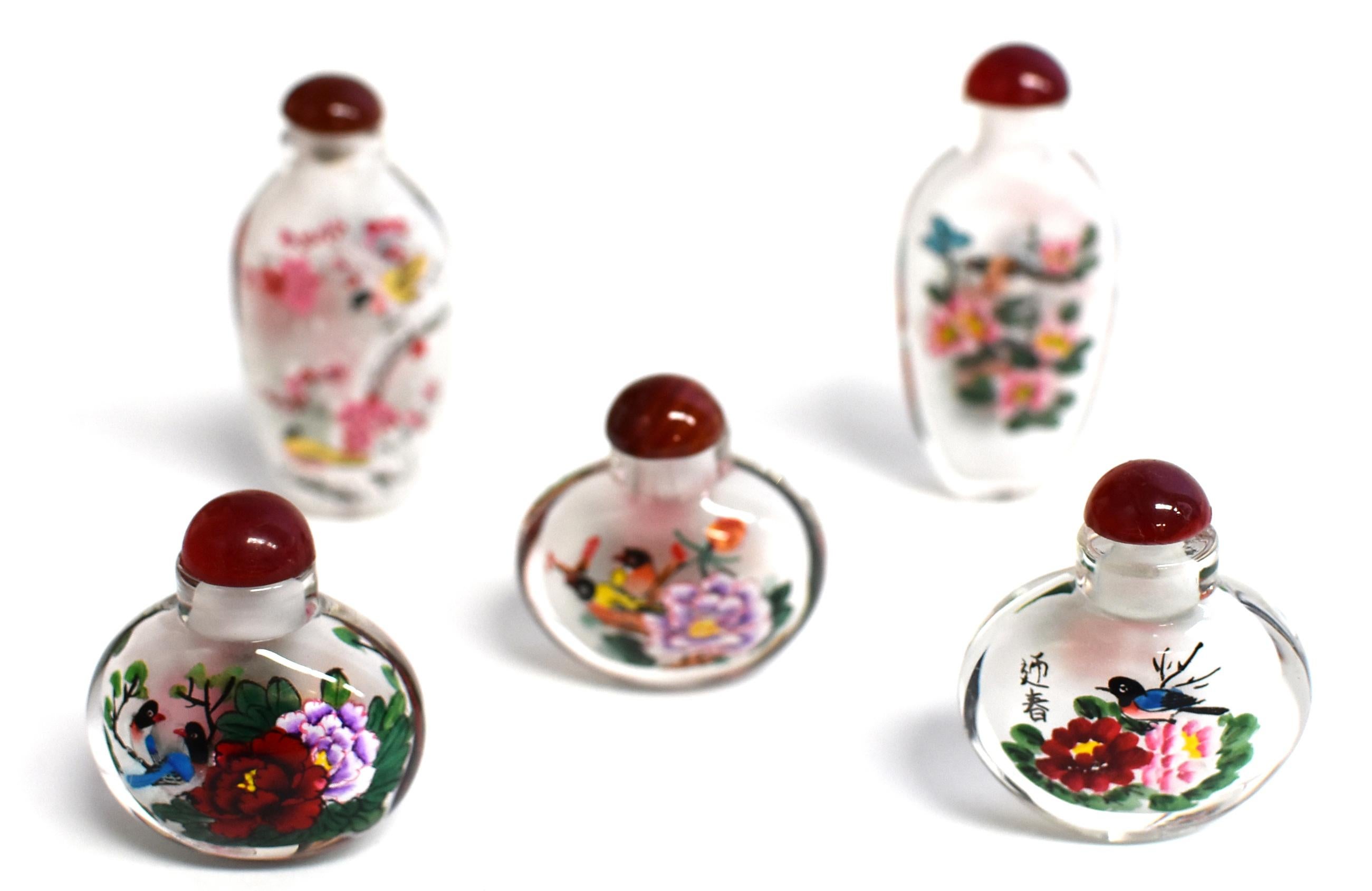 Chinese Églomisé Reverse Painted Snuff Bottles Set of Five Flowers and Birds