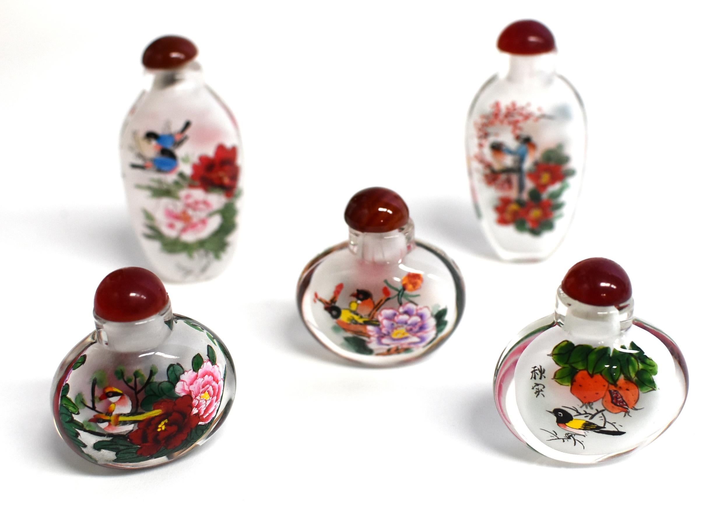 Églomisé Reverse Painted Snuff Bottles Set of Five Flowers and Birds In New Condition In Somis, CA