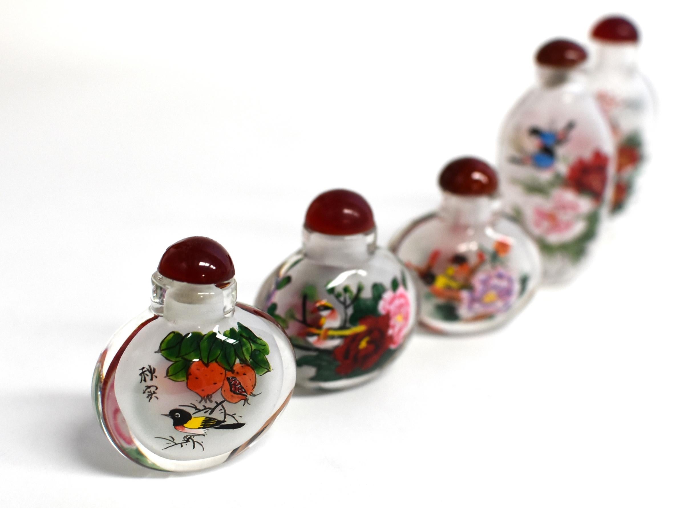 Contemporary Églomisé Reverse Painted Snuff Bottles Set of Five Flowers and Birds