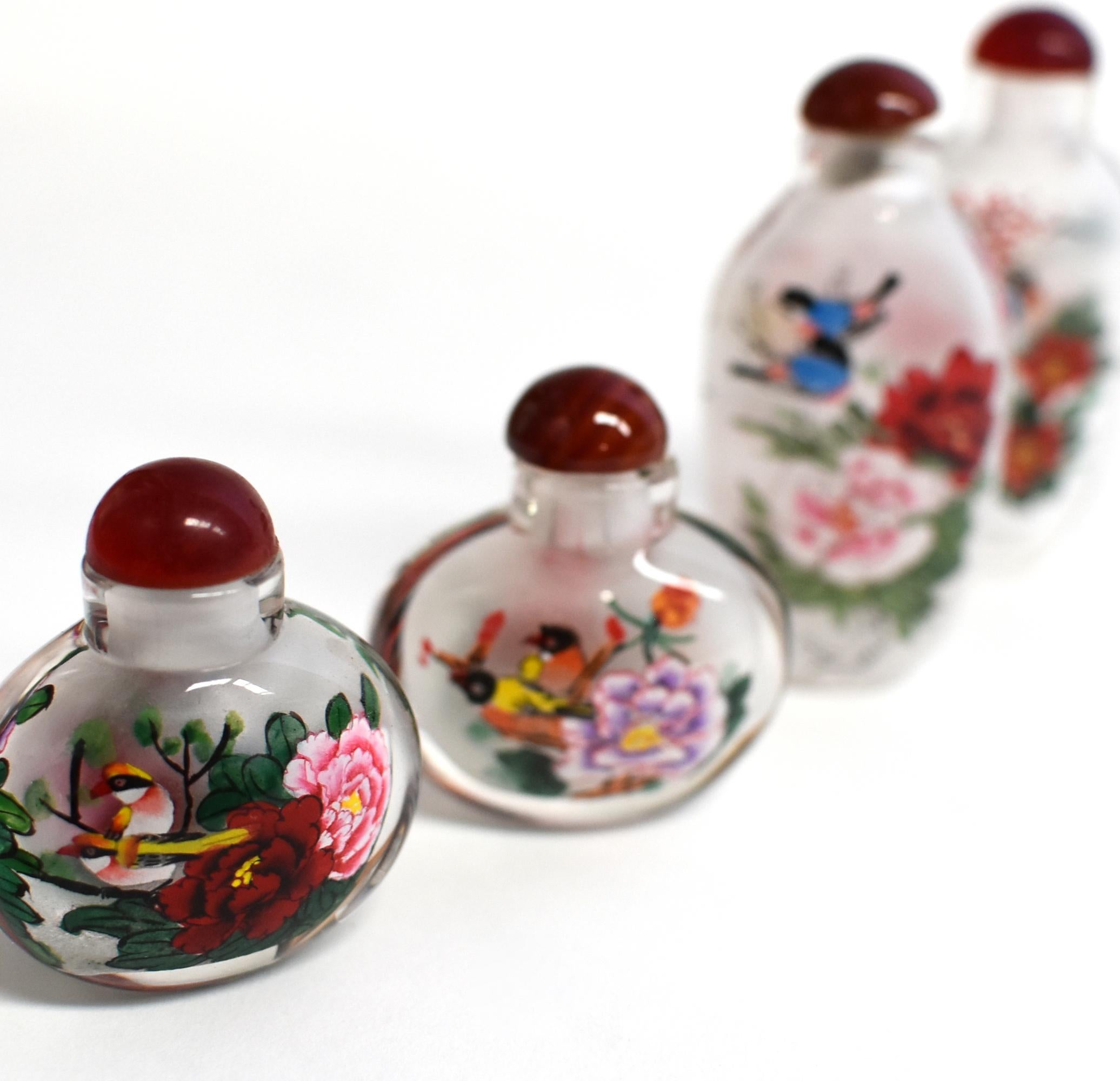 Agate Églomisé Reverse Painted Snuff Bottles Set of Five Flowers and Birds