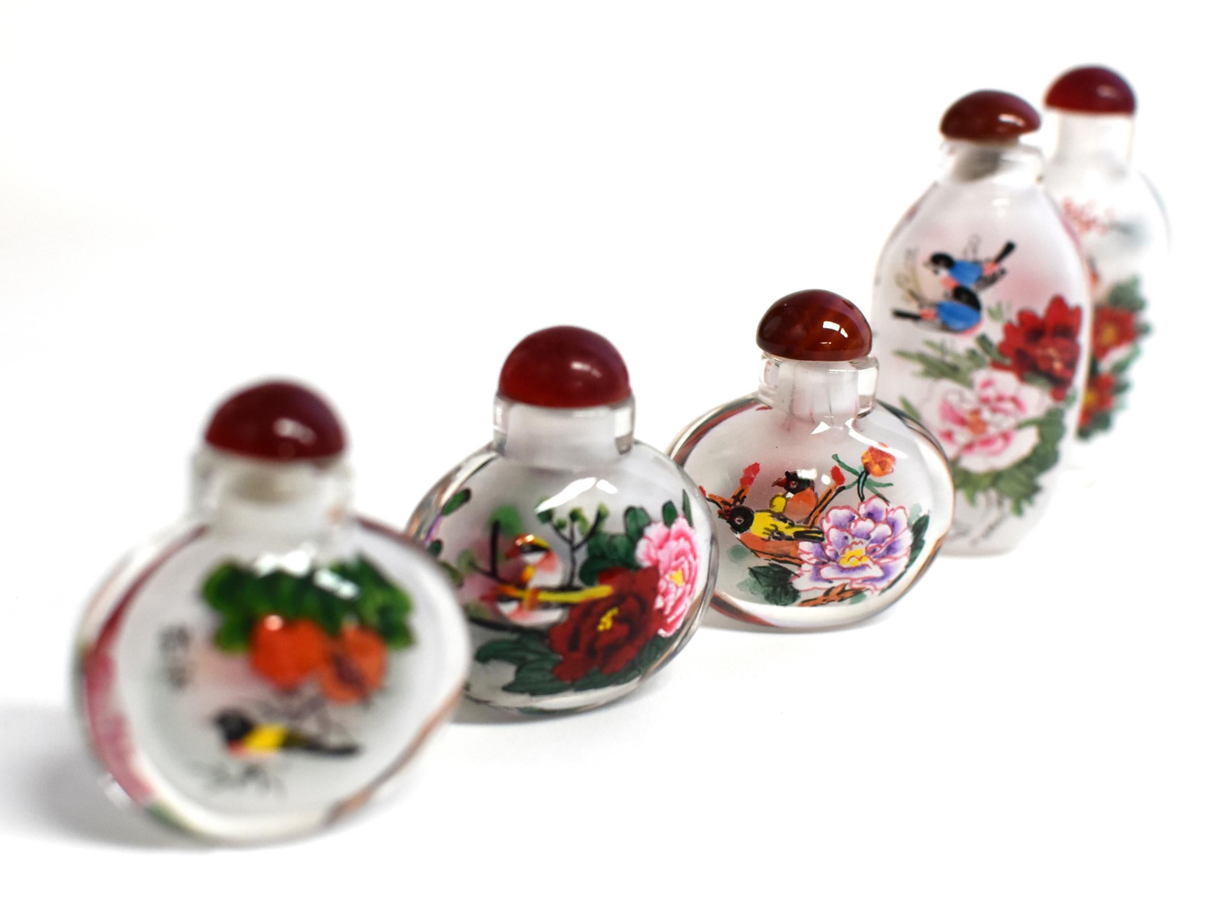 Églomisé Reverse Painted Snuff Bottles Set of Five Flowers and Birds 2