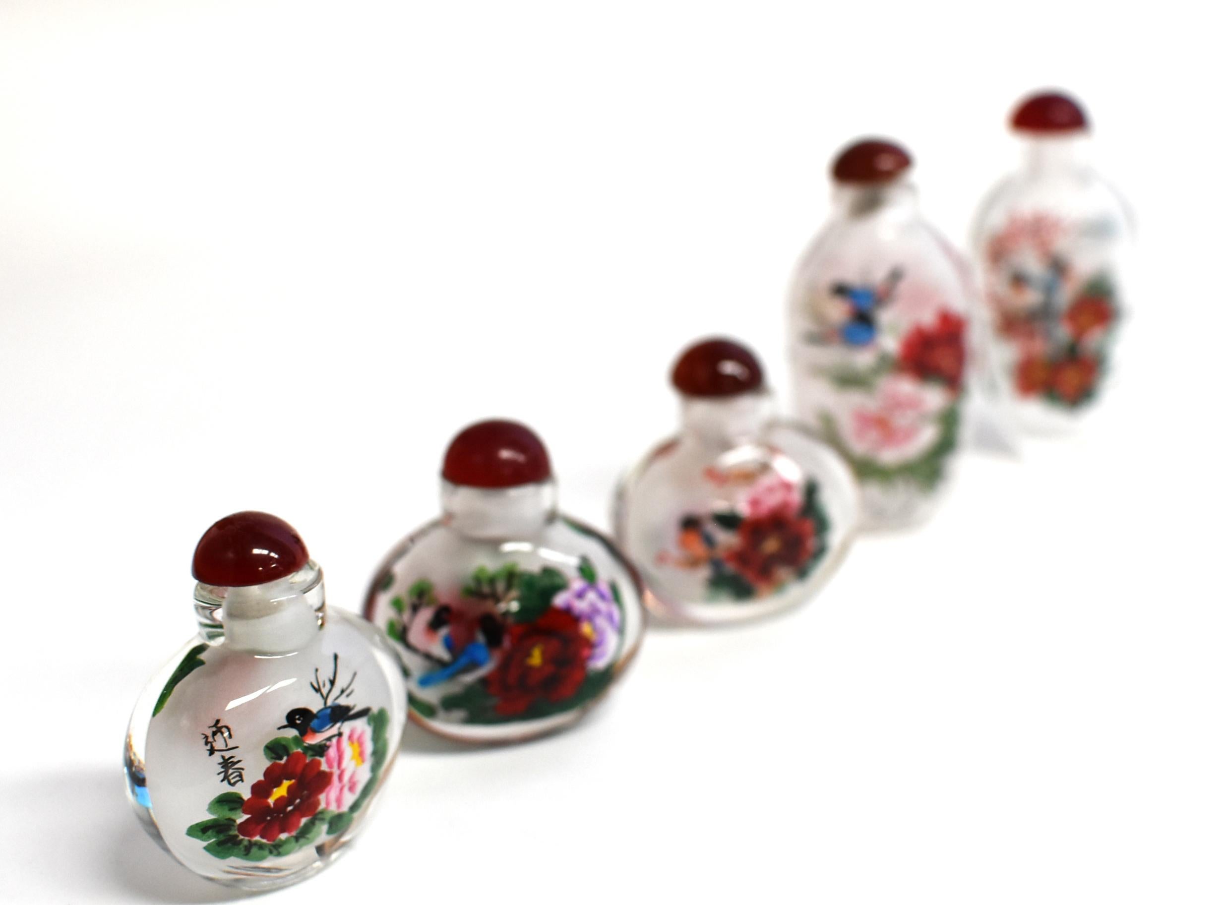 Églomisé Reverse Painted Snuff Bottles Set of Five Flowers and Birds 3