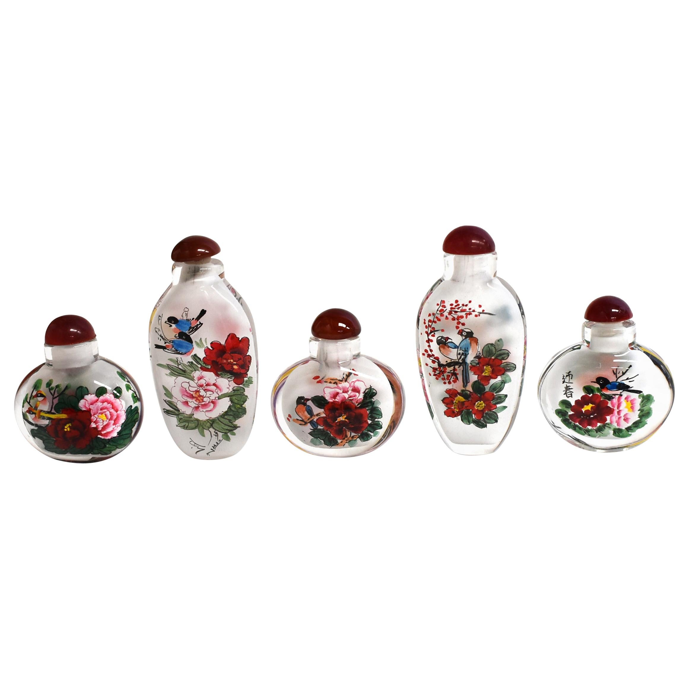 Églomisé Reverse Painted Snuff Bottles Set of Five Flowers and Birds