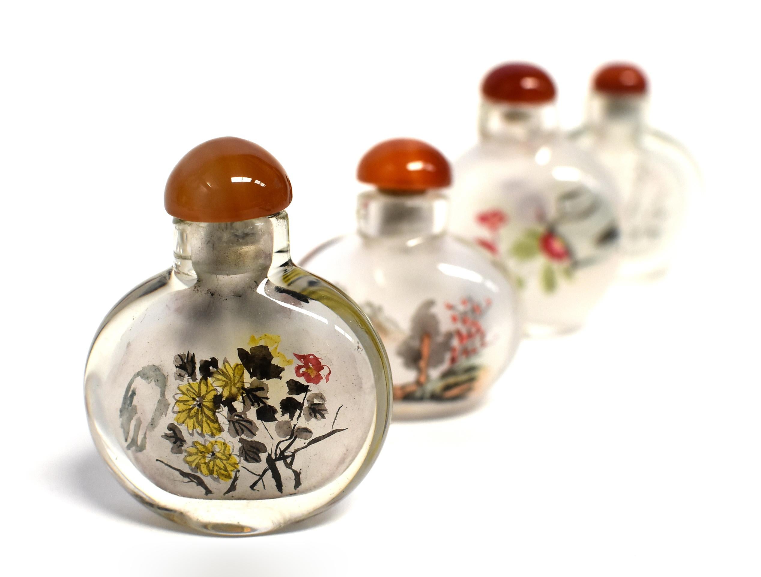 Églomisé Reverse Painted Snuff Bottles Set of Four Country Life In New Condition In Somis, CA