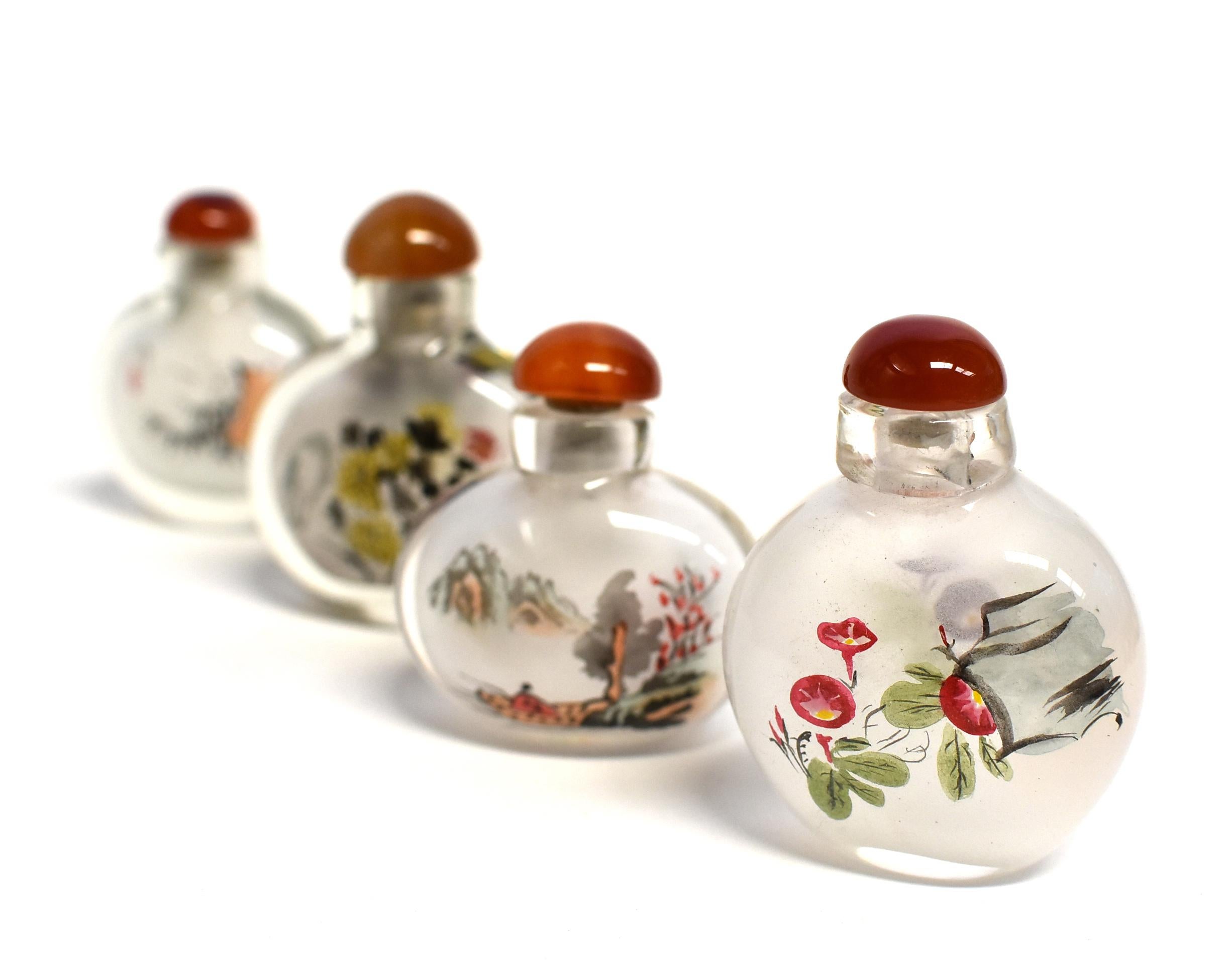Agate Églomisé Reverse Painted Snuff Bottles Set of Four Country Life