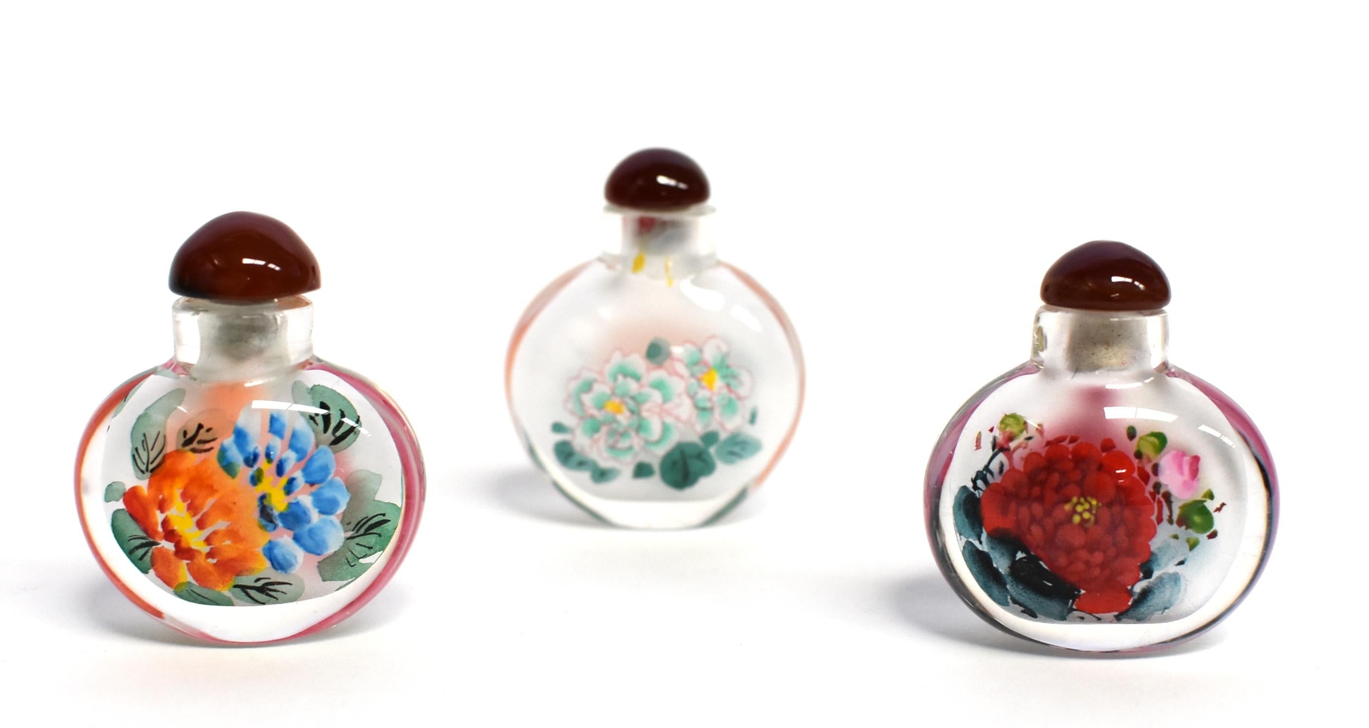 Chinese Églomisé Reverse Painted Snuff Bottles Set of Three Peonies