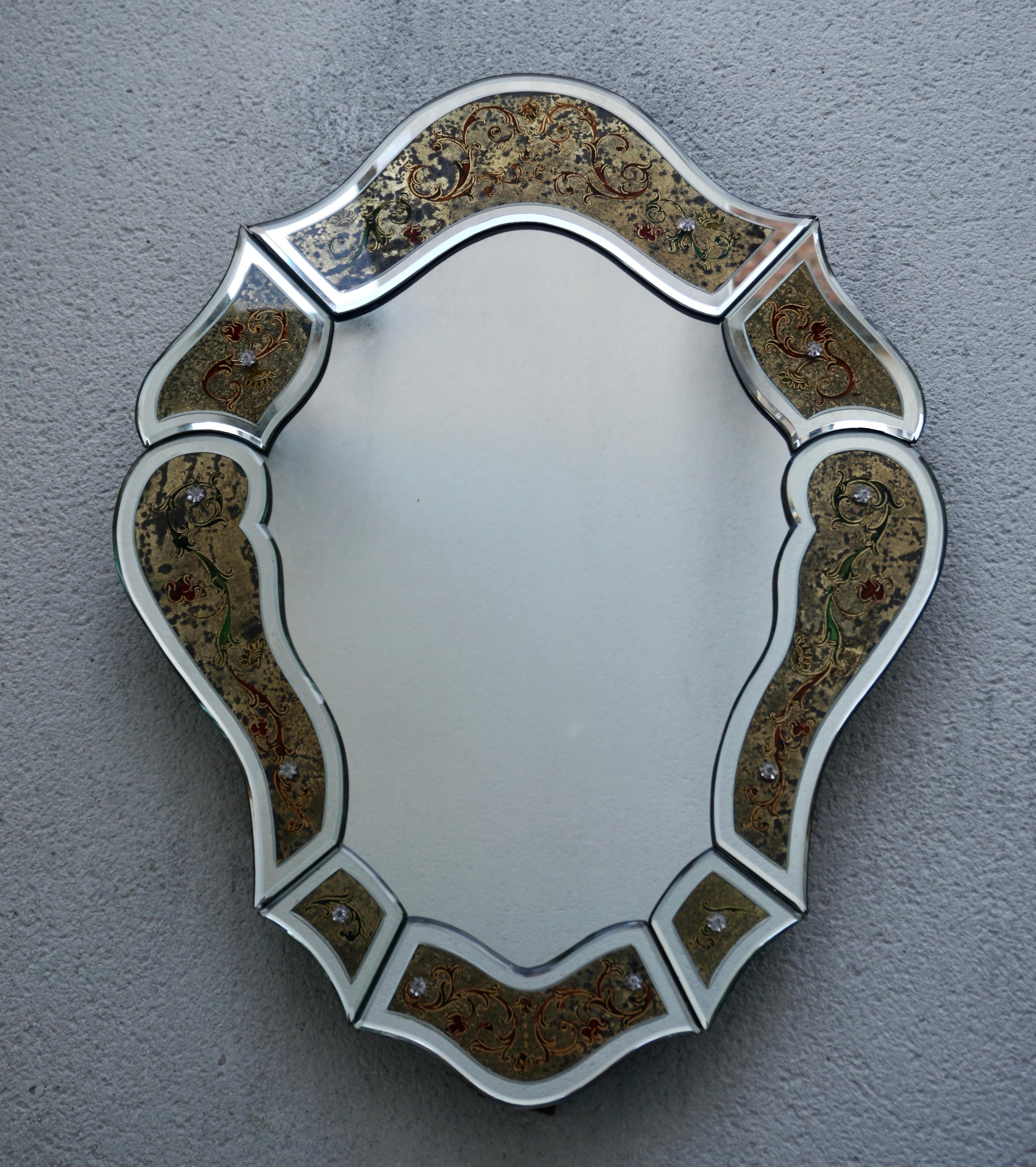 Mid-Century Modern Eglomisé Venetian Mirror with Floral Details, Italy, 20th Century For Sale