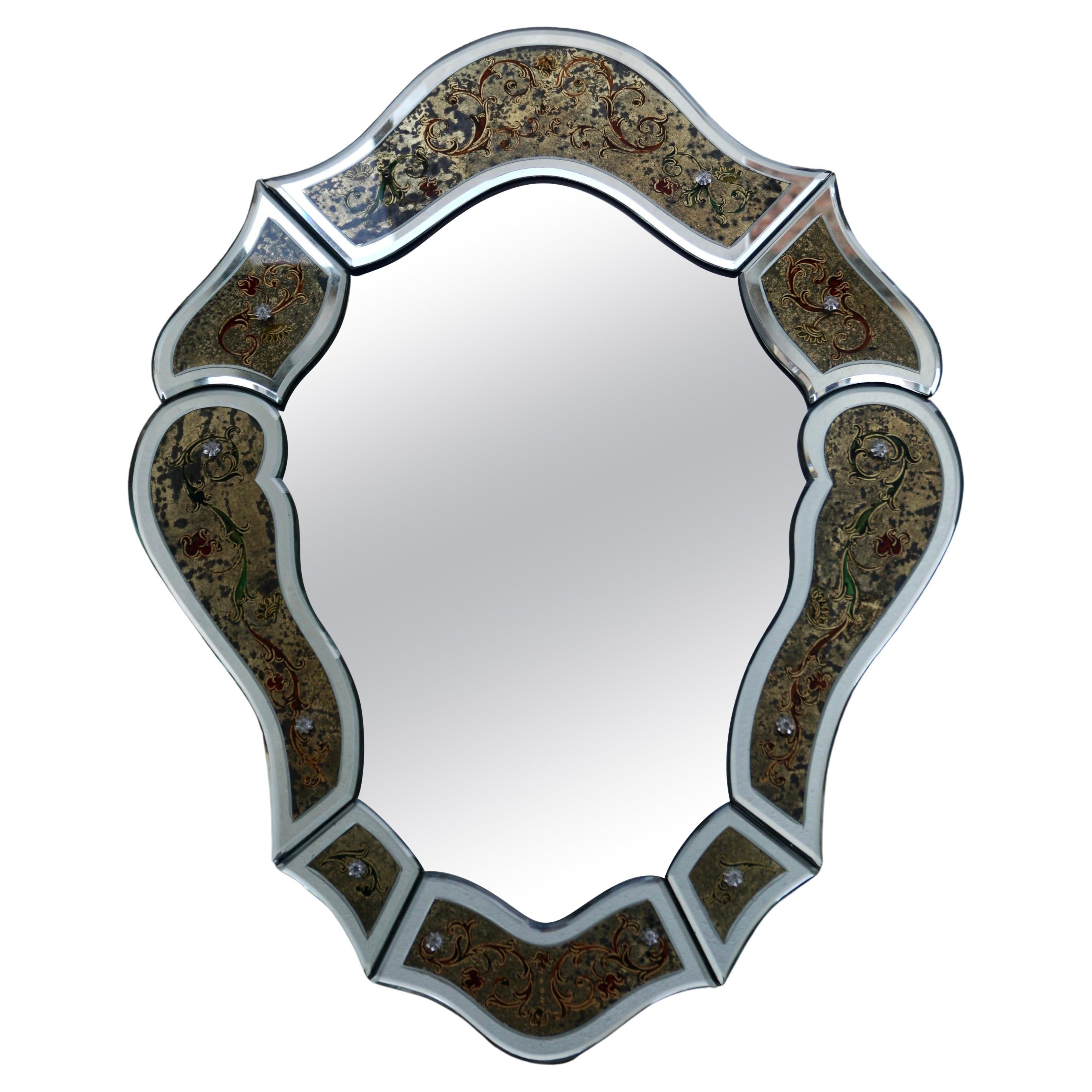 Eglomisé Venetian Mirror with Floral Details, Italy, 20th Century