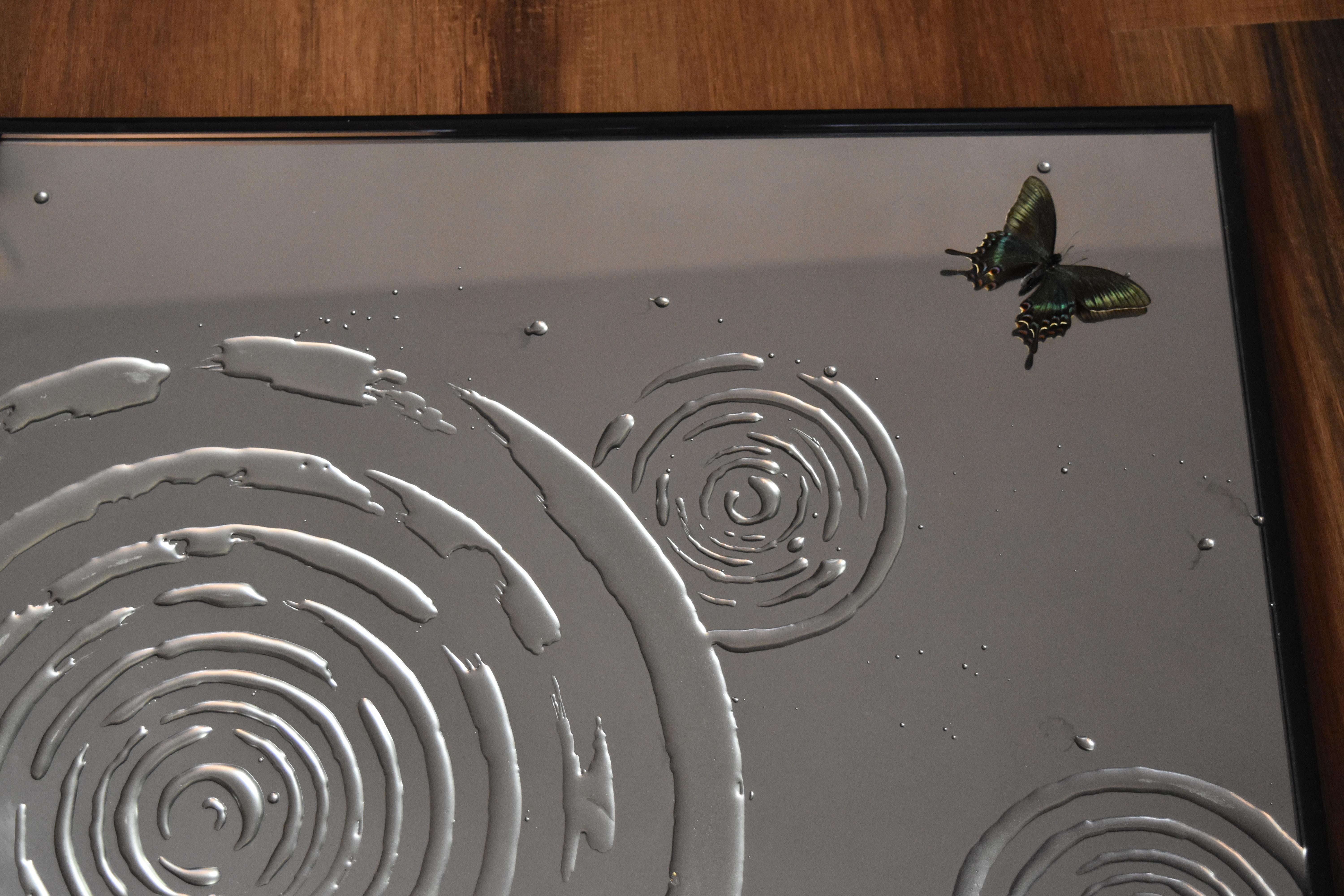 Contemporary eglomised glass with butterfly and water ripples For Sale