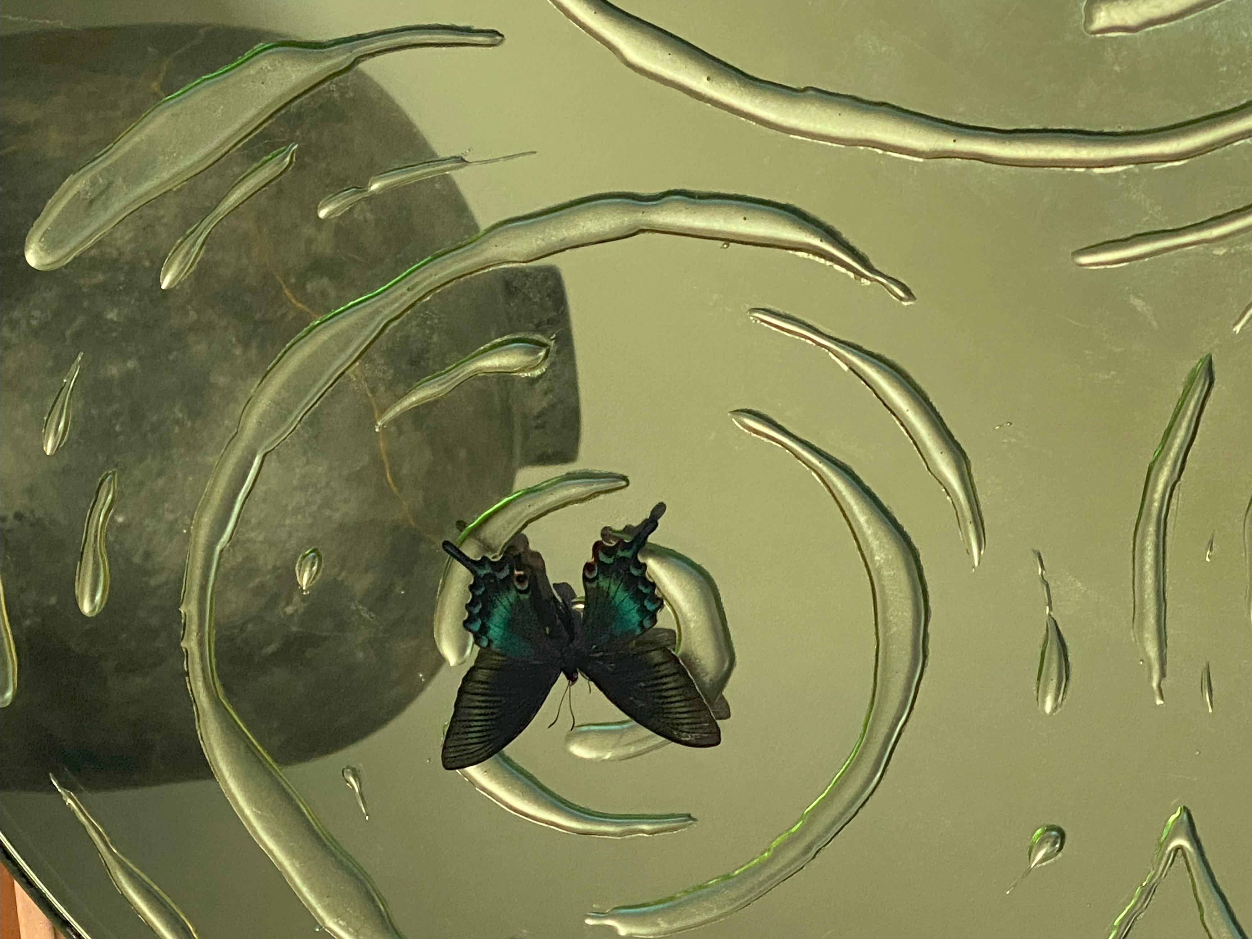 Contemporary Eglomised mirror with pure gold and real butterfly For Sale