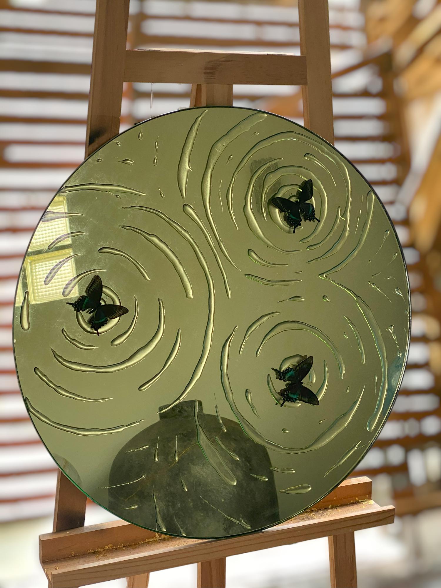 Glass Eglomised mirror with pure gold and real butterfly For Sale