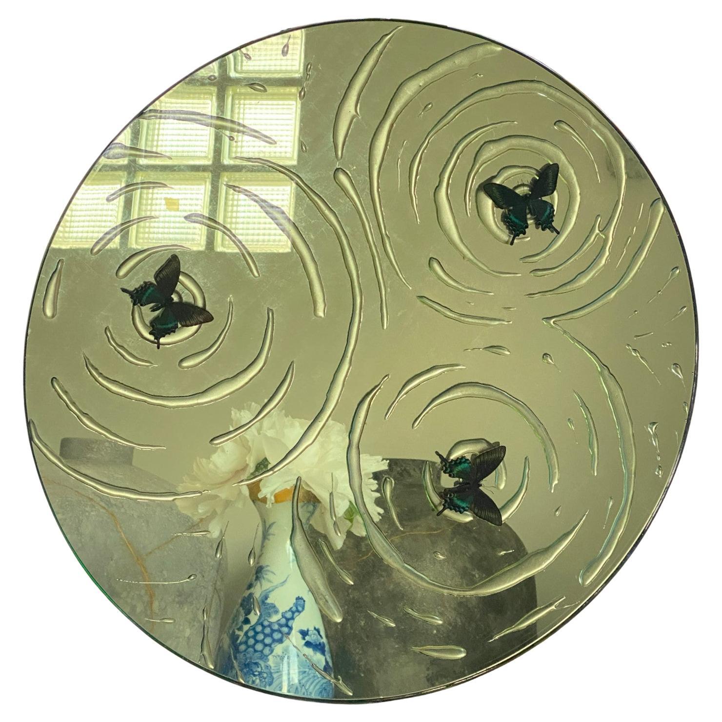 Eglomised mirror with pure gold and real butterfly For Sale