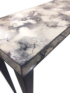 Modern Églomisé Mirror Silver Dust Console on Pavia Metal Base by Ercole Home