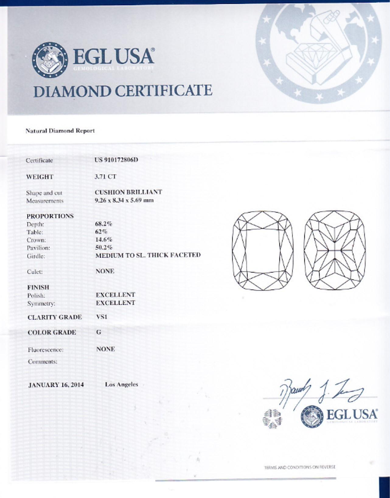 Incredible Deal on EGLUSA Certified 3.71 Carat Cushion Cut, G color, VS1 Clarity , Diamond Ring, measuring 9.26-8.34x5.69. EGLUSA Certificate #910172806D
Total Carat weight on the ring is 5.31.
This contemporary mounting fits this Beautiful large
