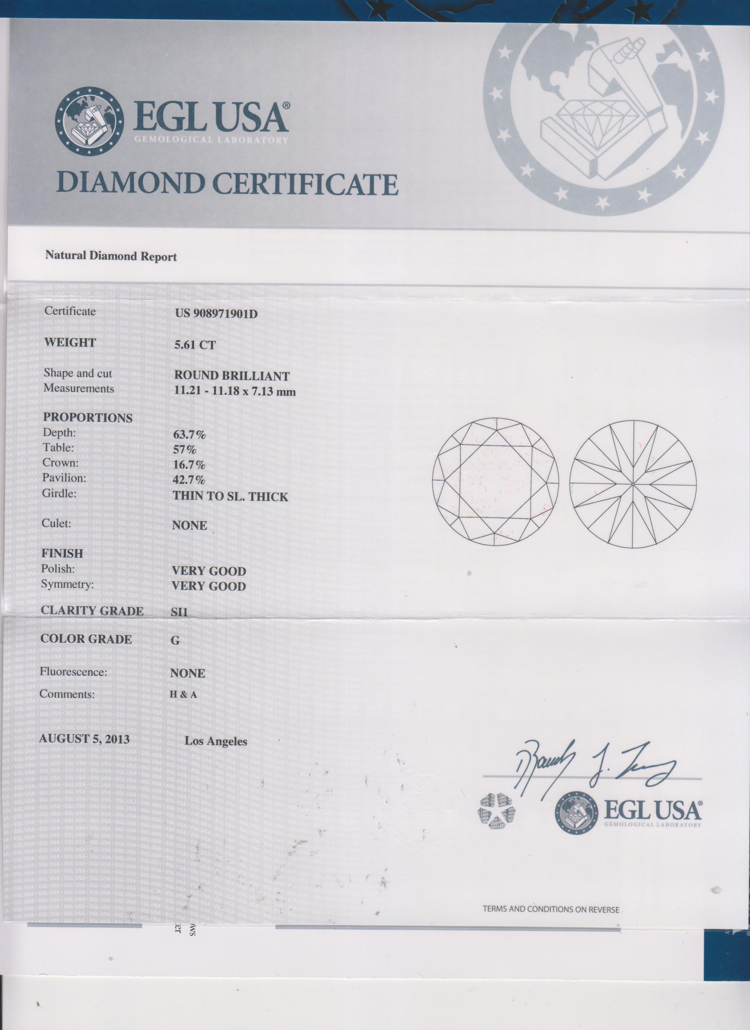 Contemporary Certified 5.61 Carat Round, G color SI1 clarity, Diamond 18 Karat Yellow Gold