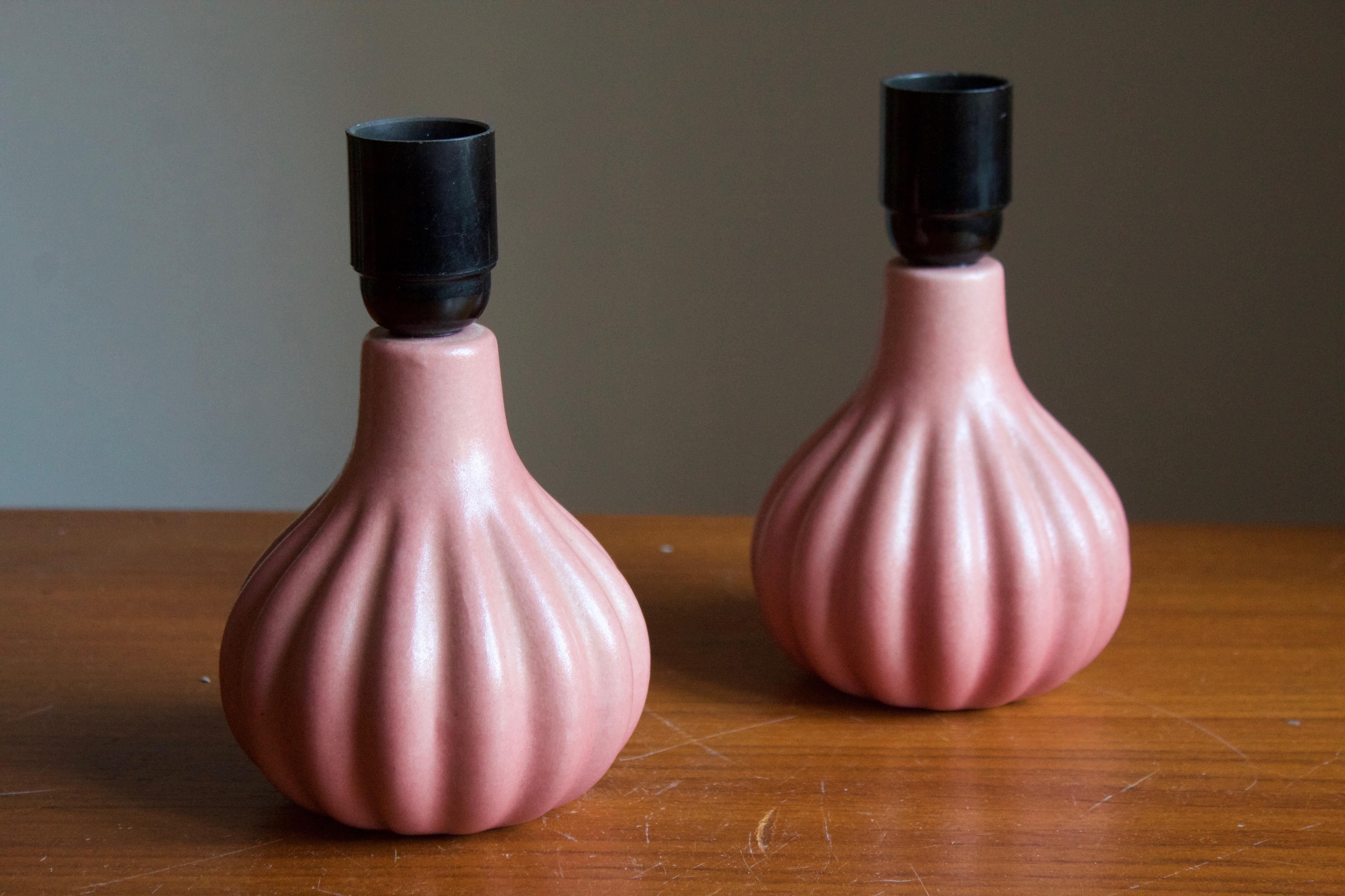 Mid-Century Modern Ego Stengods, Fluted Table Lamps, Pink Stoneware, Sweden, 1960s
