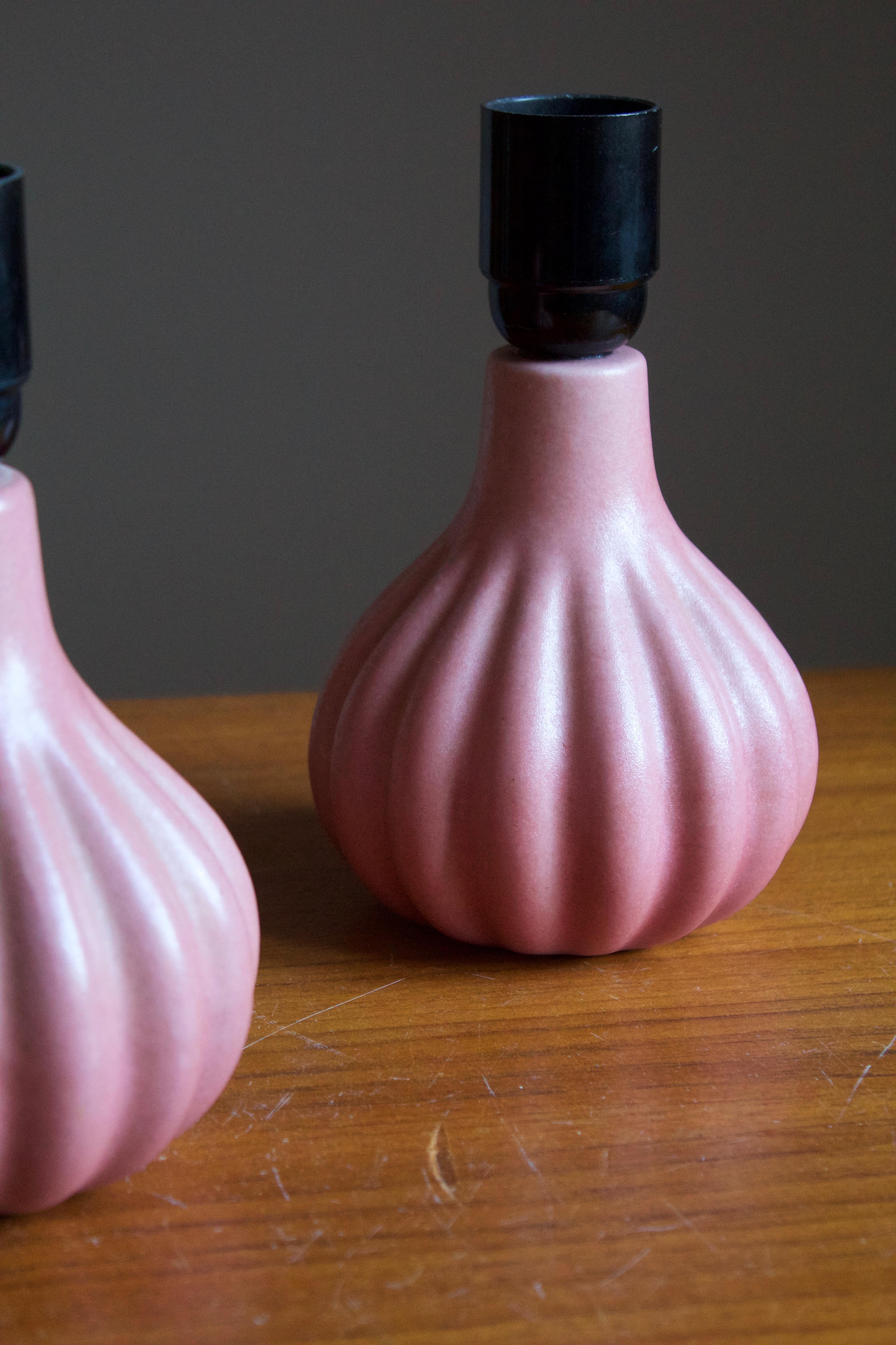 Swedish Ego Stengods, Fluted Table Lamps, Pink Stoneware, Sweden, 1960s