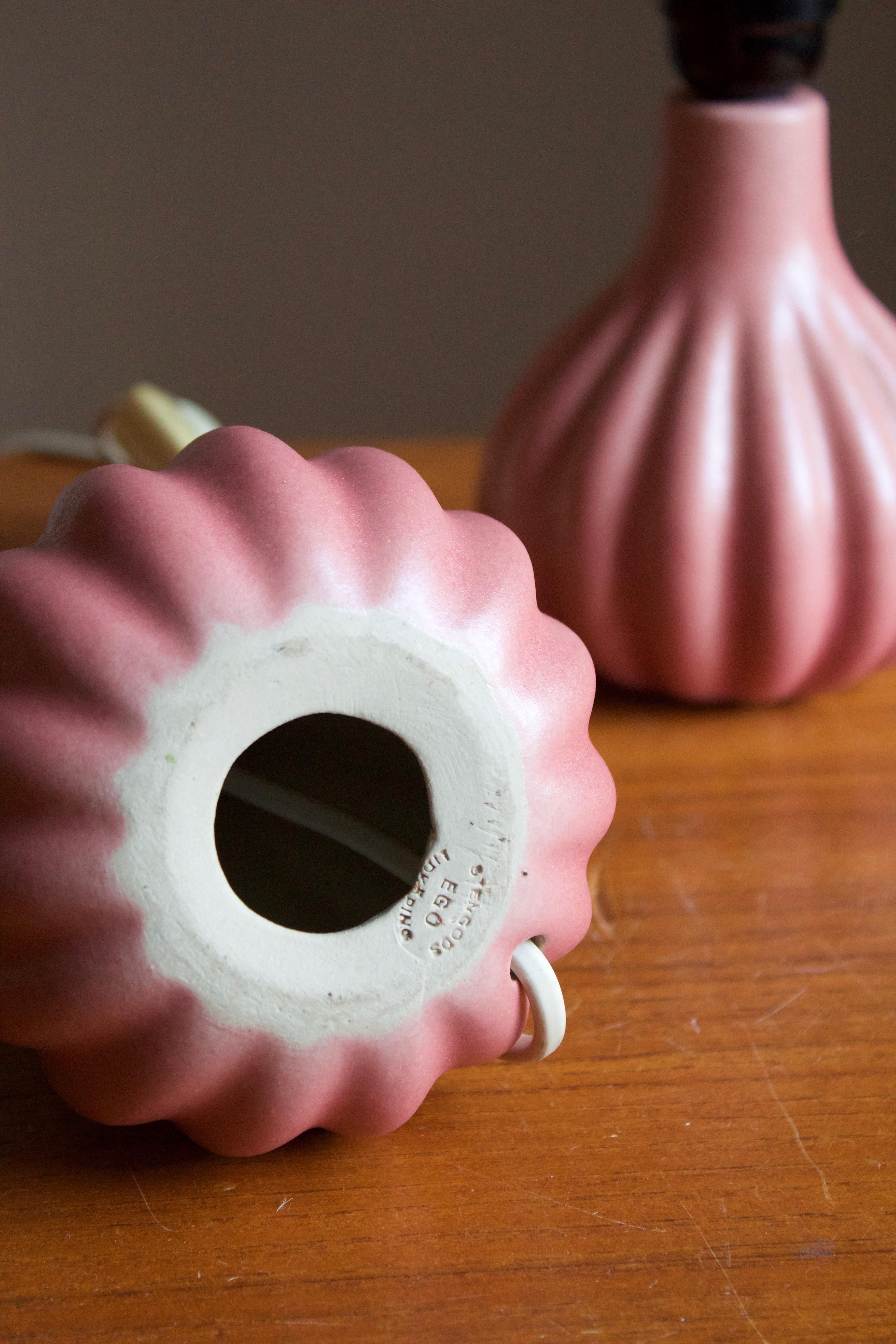 Mid-20th Century Ego Stengods, Fluted Table Lamps, Pink Stoneware, Sweden, 1960s