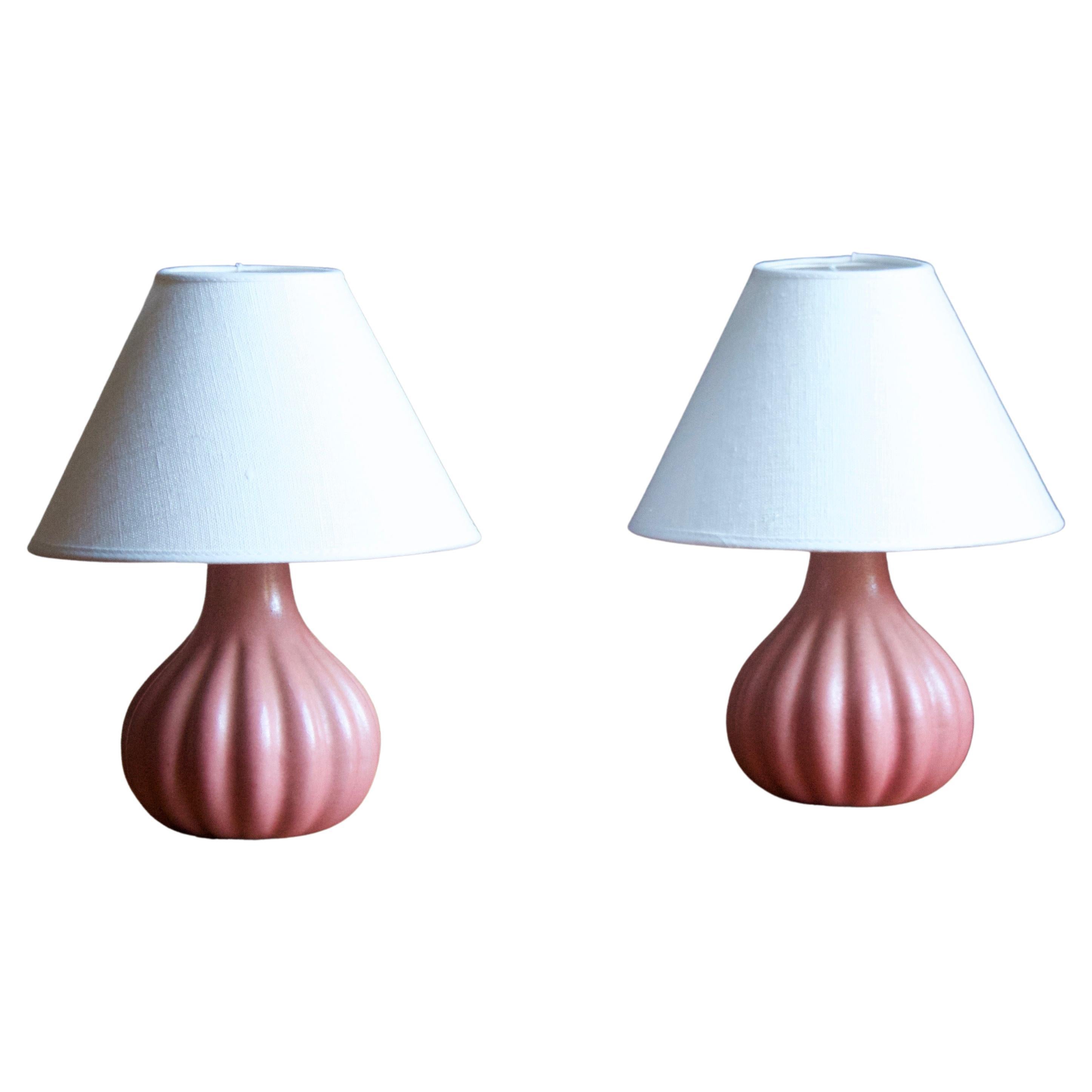 Ego Stengods, Fluted Table Lamps, Pink Stoneware, Sweden, 1960s