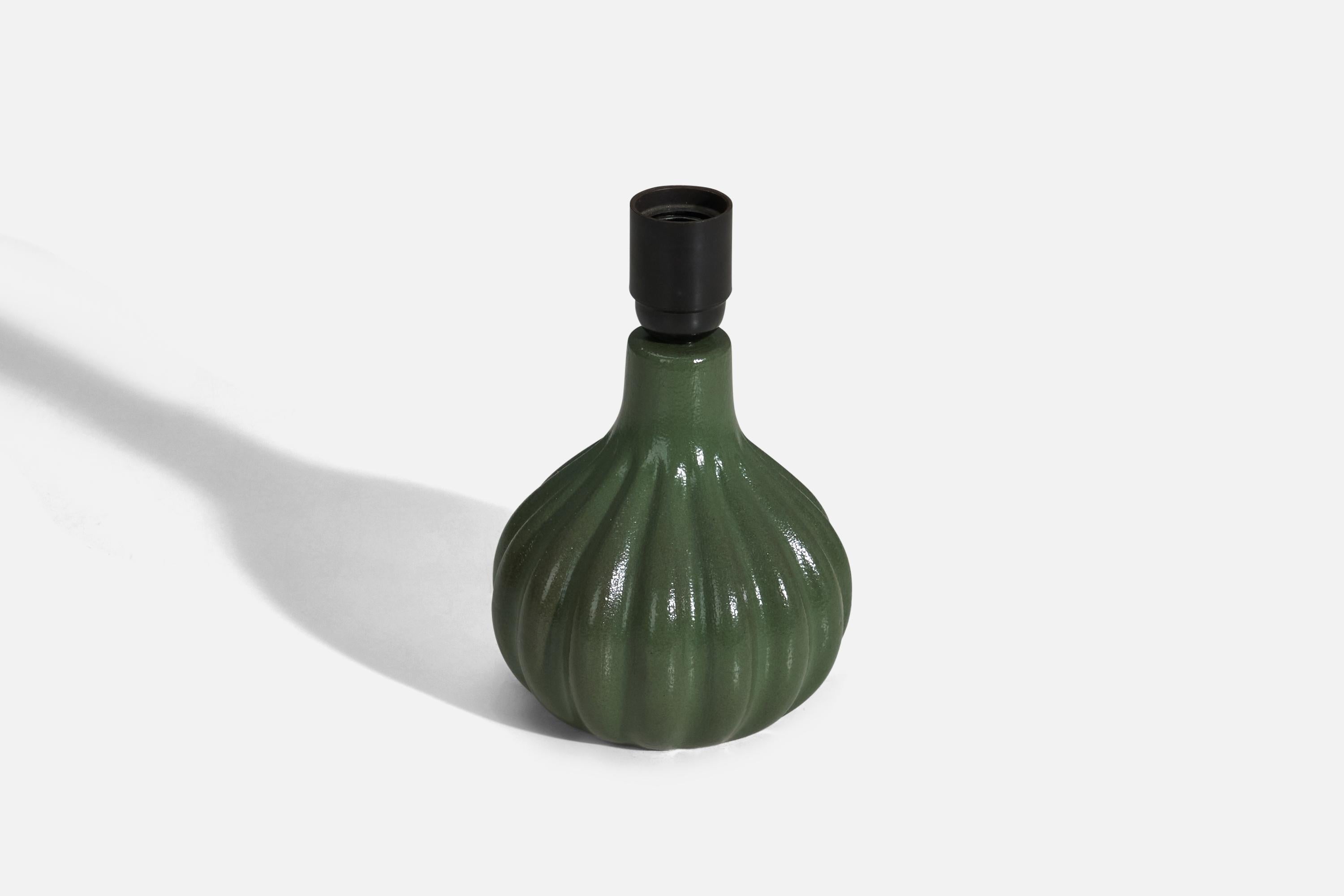 Swedish Ego Stengods, Table Lamp, Green Glazed Stoneware, Sweden, 1960s For Sale