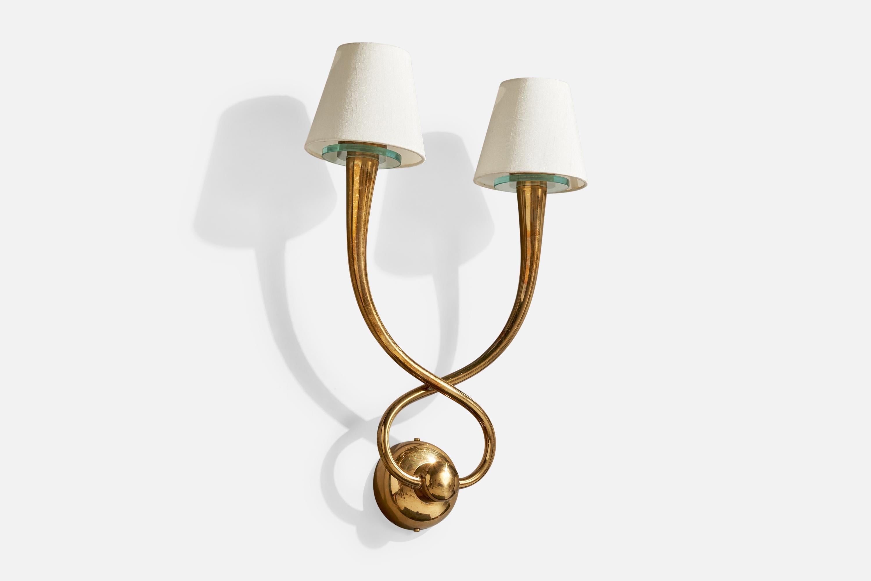 Italian Egoluce, Wall Light, Brass, Glass, Fabric, Italy, 1980s For Sale