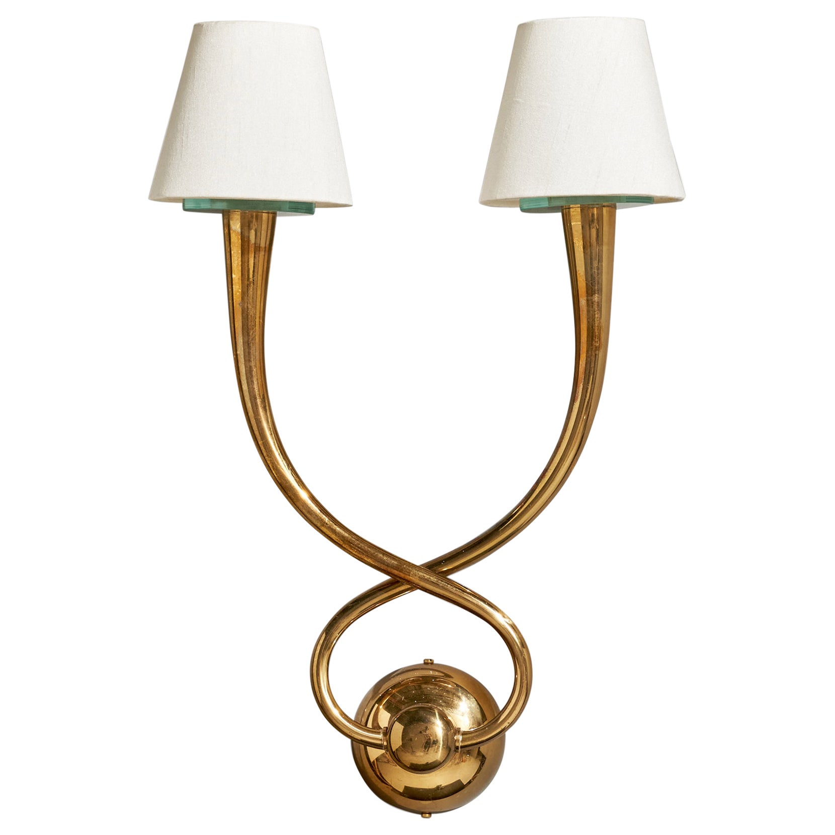 Egoluce, Wall Light, Brass, Glass, Fabric, Italy, 1980s