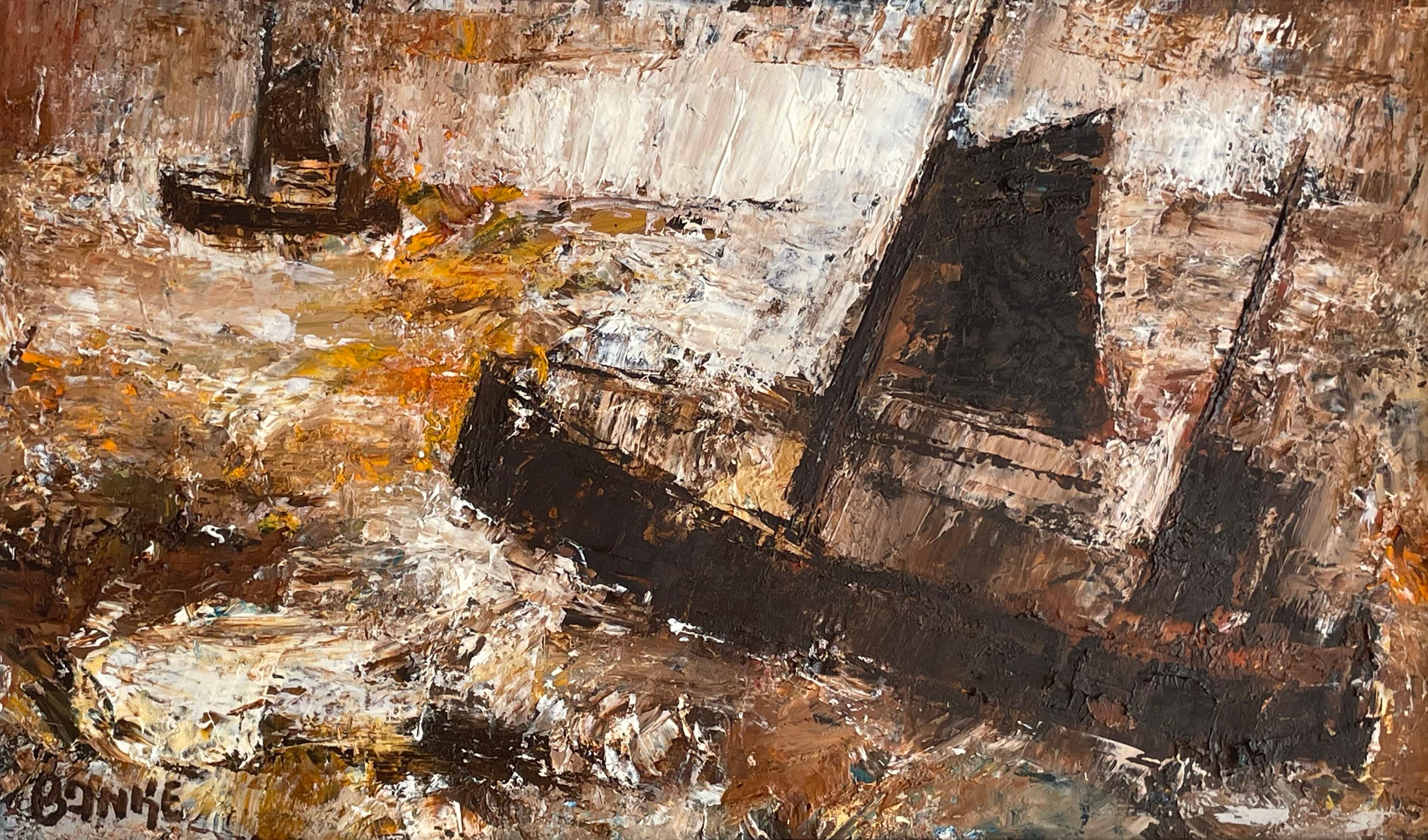 Maritime oil painting of ships at sea in rough weather. Strong, thick brushstrokes and earthy colours are used in this expressionist painting by Danish artist Egon Banke (1929-1992) with both figurative and abstract elements.

The painting is from