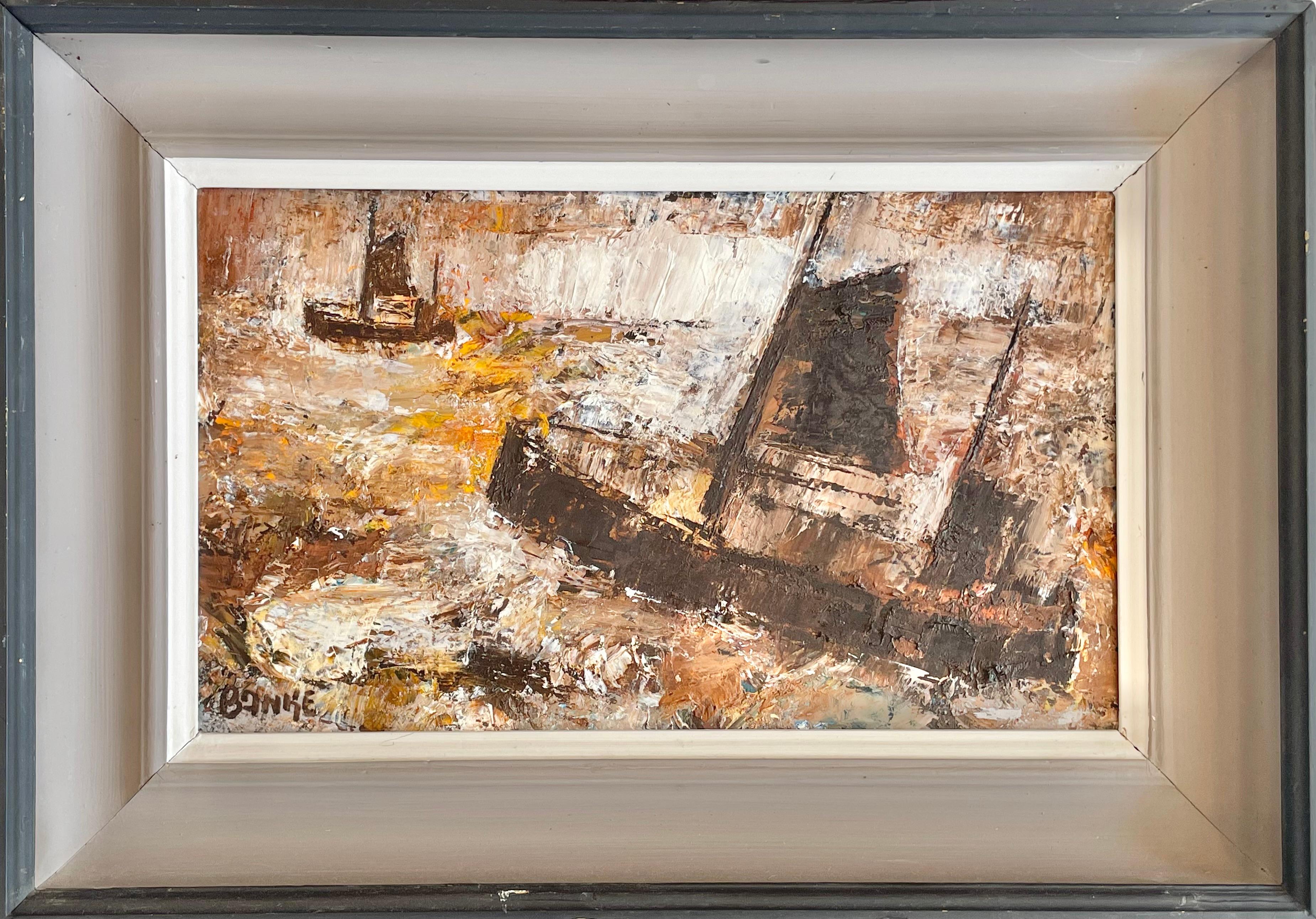 Mid-Century Modern Egon Banke (1929-1992) Danish mid century abstract painting with ships at sea For Sale