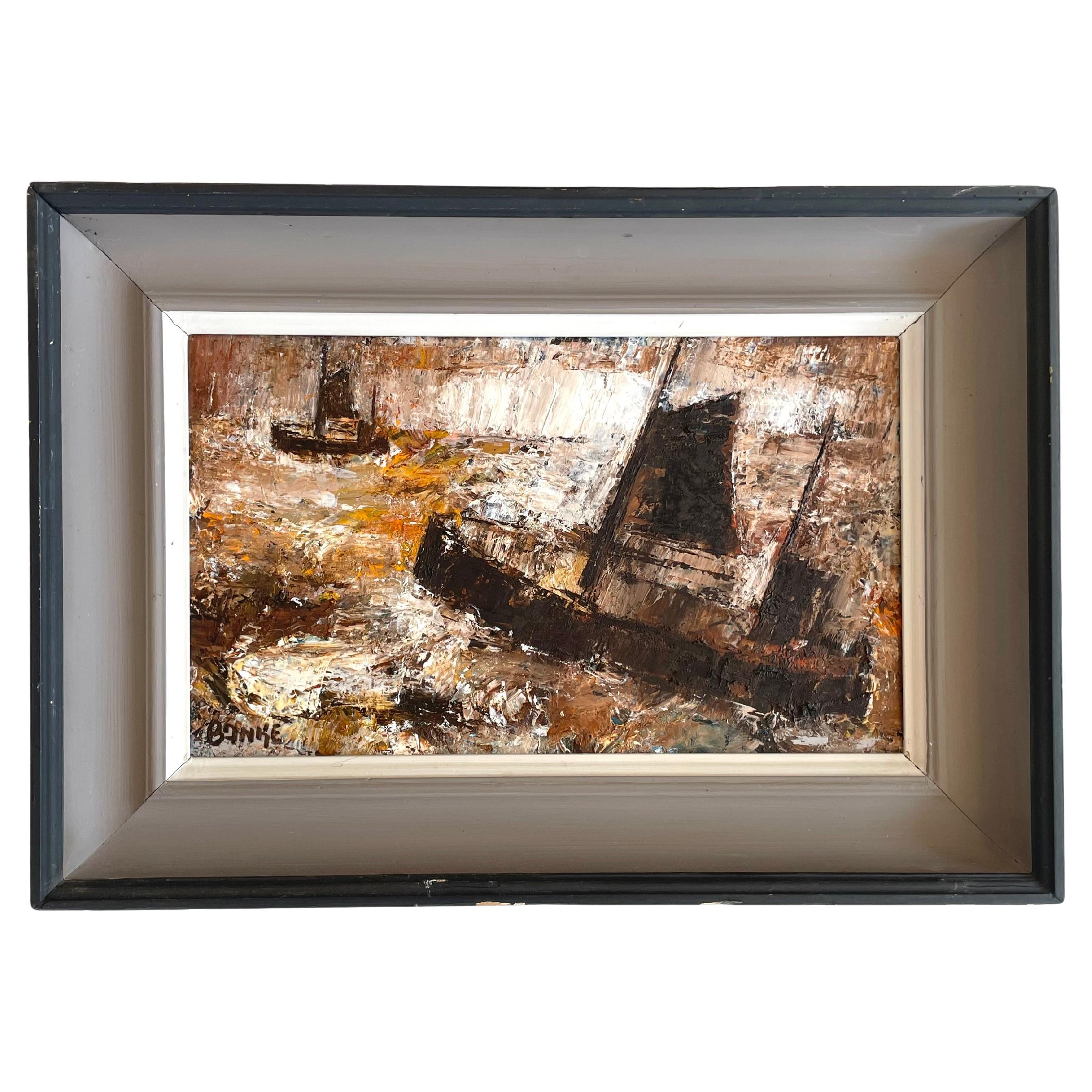 Egon Banke (1929-1992) Danish mid century abstract painting with ships at sea For Sale