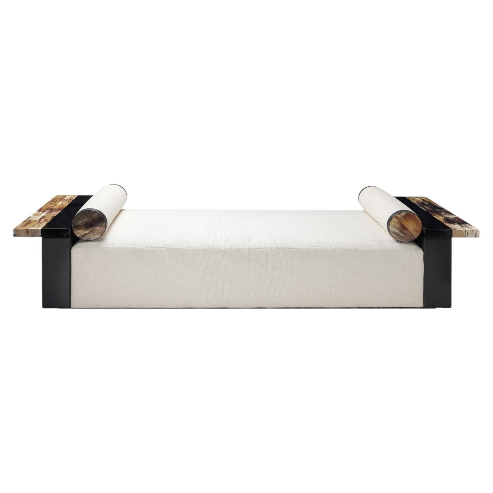 Egon Chaise Longue with Armrests in Leather, Wood, Fabric & Horn by Arcahorn